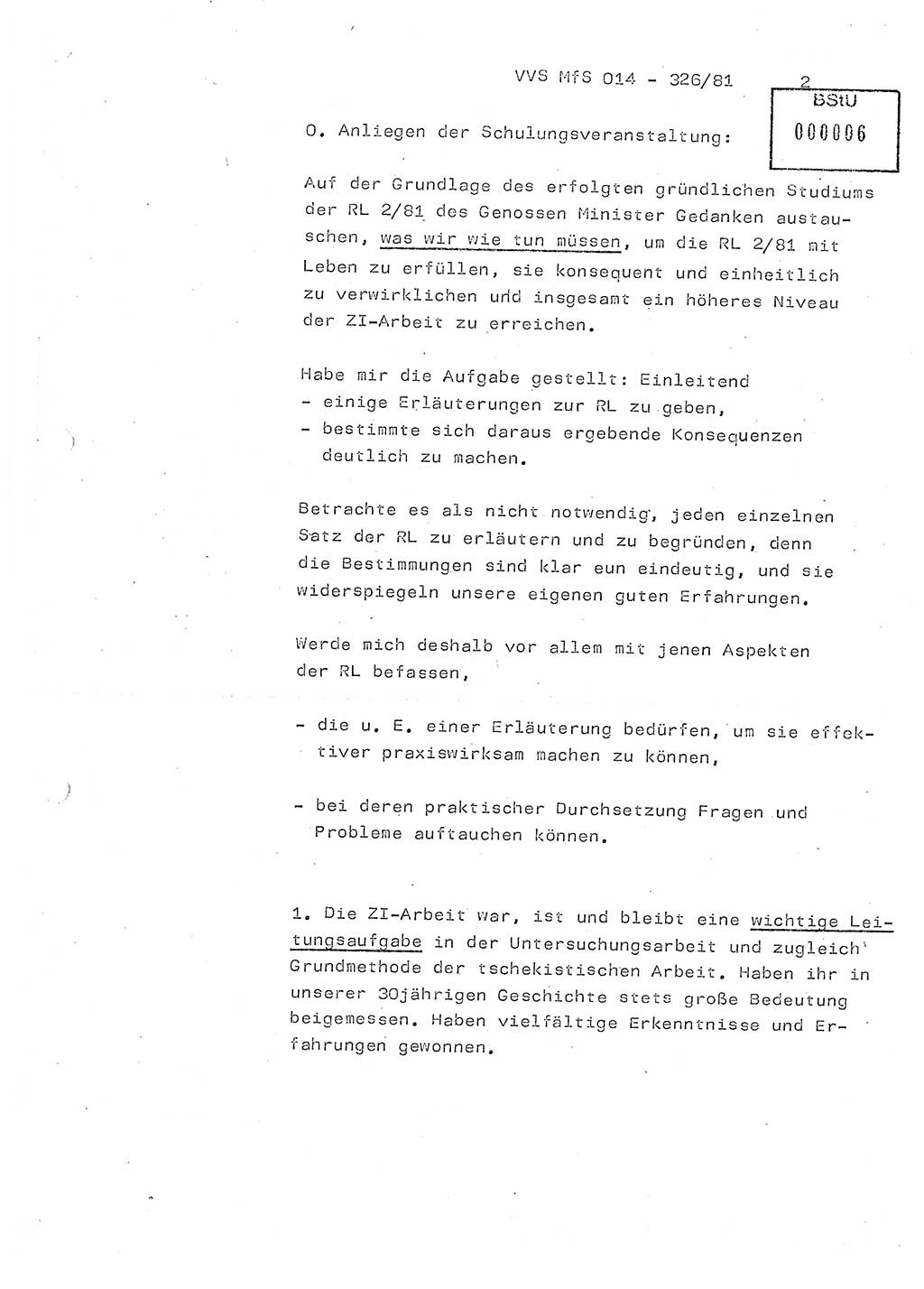 Thesen zum Einführungsvortrag für die Schulung zur Richtlinie Nr. 2/81 [zur Arbeit mit Zelleninformatoren (ZI)] des Genossen Minister (Generaloberst Erich Mielke), Ministerium für Staatssicherheit (MfS) [Deutsche Demokratische Republik (DDR)], Hauptabteilung (HA) Ⅸ, Vertrauliche Verschlußsache (VVS) 014-326/81, Berlin 1981, Seite 2 (Th. Sch. RL 2/81 MfS DDR HA Ⅸ VVS 014-326/81 1981, S. 2)