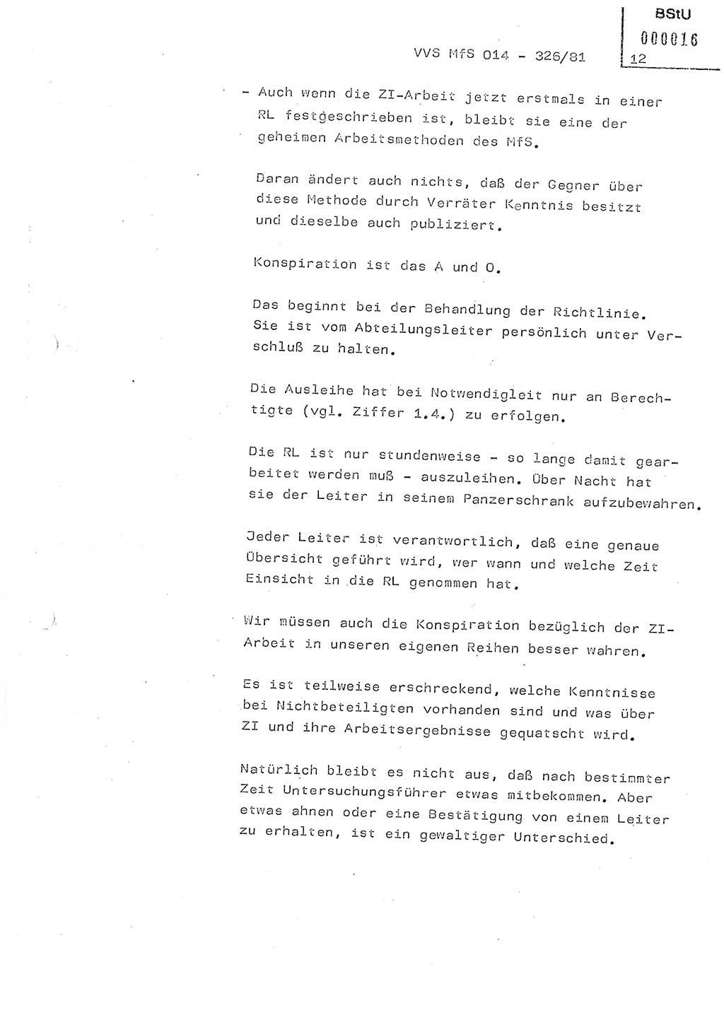 Thesen zum Einführungsvortrag für die Schulung zur Richtlinie Nr. 2/81 [zur Arbeit mit Zelleninformatoren (ZI)] des Genossen Minister (Generaloberst Erich Mielke), Ministerium für Staatssicherheit (MfS) [Deutsche Demokratische Republik (DDR)], Hauptabteilung (HA) Ⅸ, Vertrauliche Verschlußsache (VVS) 014-326/81, Berlin 1981, Seite 12 (Th. Sch. RL 2/81 MfS DDR HA Ⅸ VVS 014-326/81 1981, S. 12)