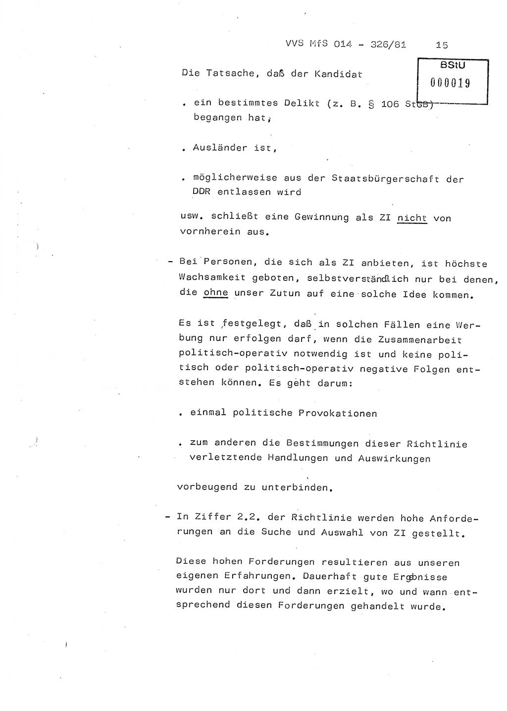 Thesen zum Einführungsvortrag für die Schulung zur Richtlinie Nr. 2/81 [zur Arbeit mit Zelleninformatoren (ZI)] des Genossen Minister (Generaloberst Erich Mielke), Ministerium für Staatssicherheit (MfS) [Deutsche Demokratische Republik (DDR)], Hauptabteilung (HA) Ⅸ, Vertrauliche Verschlußsache (VVS) 014-326/81, Berlin 1981, Seite 15 (Th. Sch. RL 2/81 MfS DDR HA Ⅸ VVS 014-326/81 1981, S. 15)