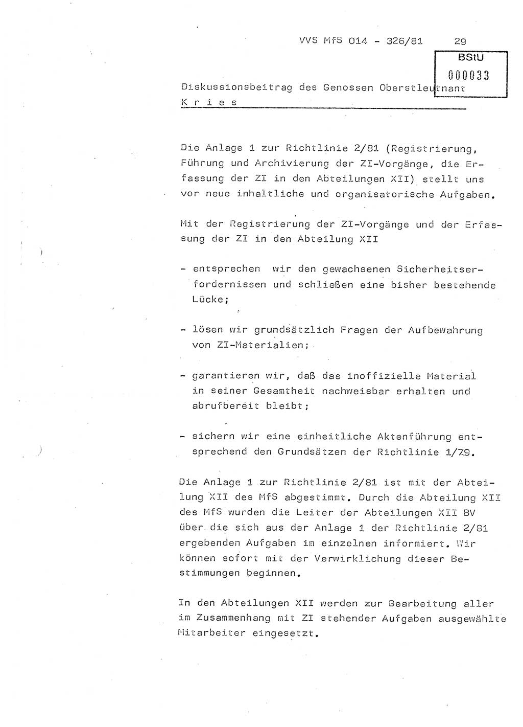 Thesen zum Einführungsvortrag für die Schulung zur Richtlinie Nr. 2/81 [zur Arbeit mit Zelleninformatoren (ZI)] des Genossen Minister (Generaloberst Erich Mielke), Ministerium für Staatssicherheit (MfS) [Deutsche Demokratische Republik (DDR)], Hauptabteilung (HA) Ⅸ, Vertrauliche Verschlußsache (VVS) 014-326/81, Berlin 1981, Seite 29 (Th. Sch. RL 2/81 MfS DDR HA Ⅸ VVS 014-326/81 1981, S. 29)