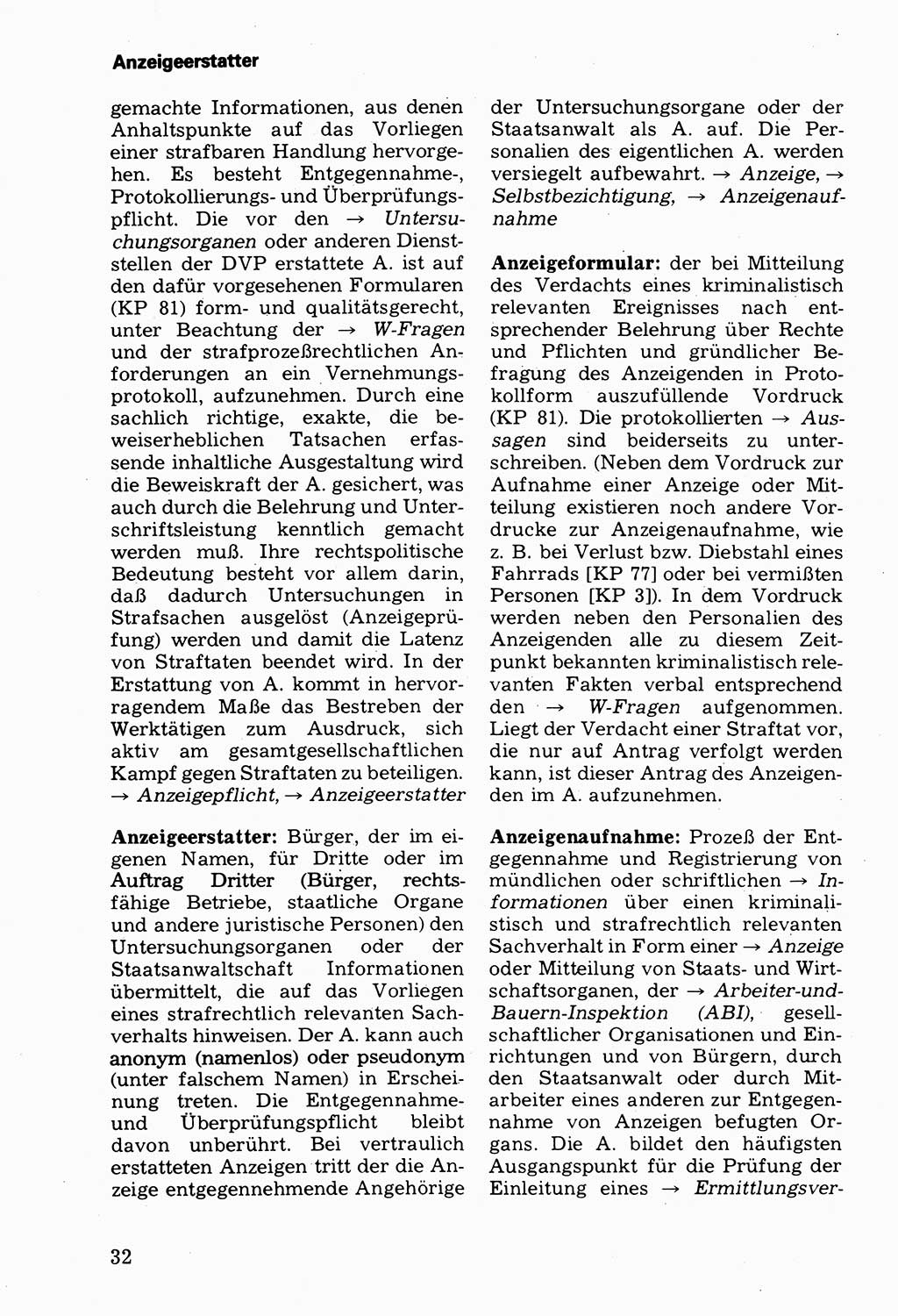 Wörterbuch der sozialistischen Kriminalistik [Deutsche Demokratische Republik (DDR)] 1981, Seite 32 (Wb. soz. Krim. DDR 1981, S. 32)