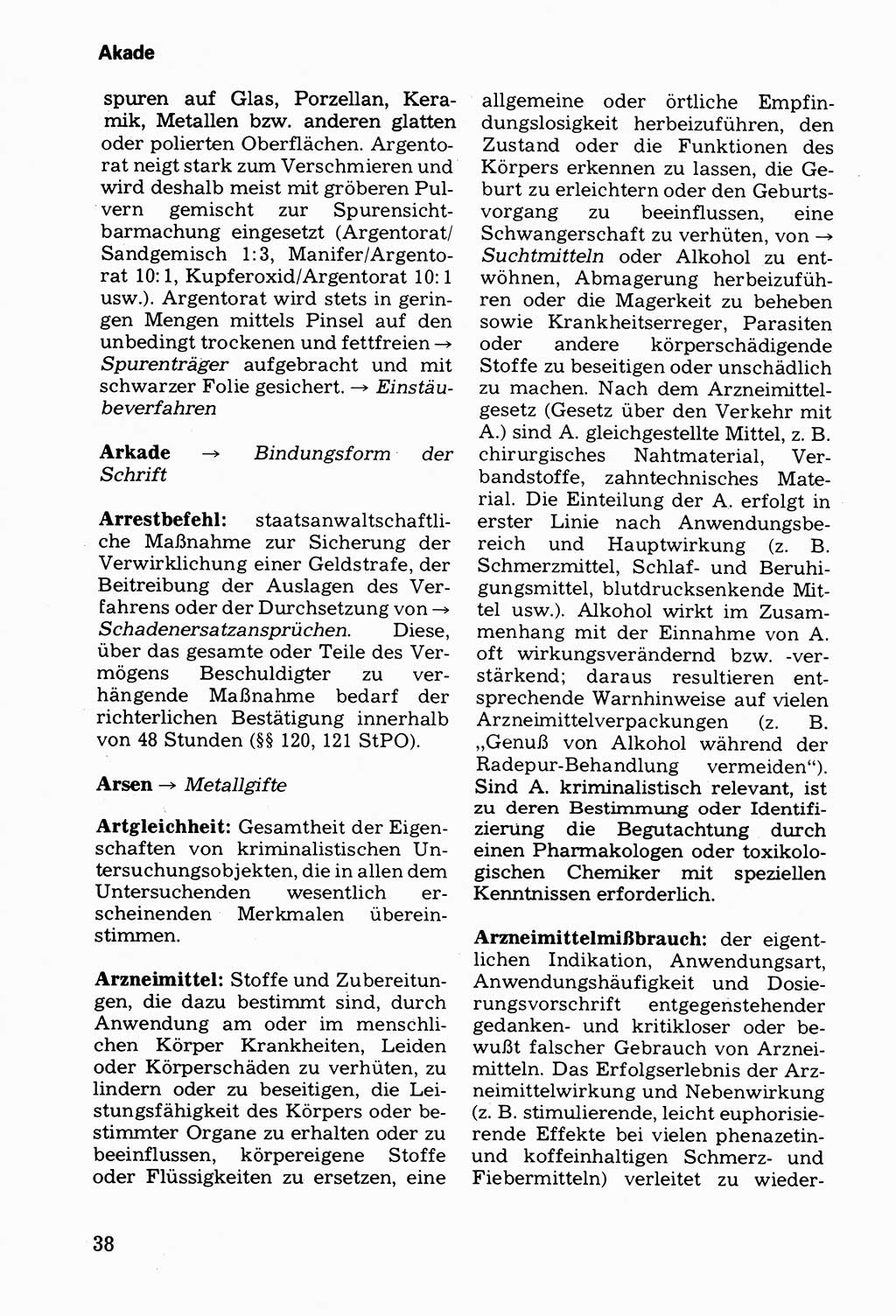 Wörterbuch der sozialistischen Kriminalistik [Deutsche Demokratische Republik (DDR)] 1981, Seite 38 (Wb. soz. Krim. DDR 1981, S. 38)