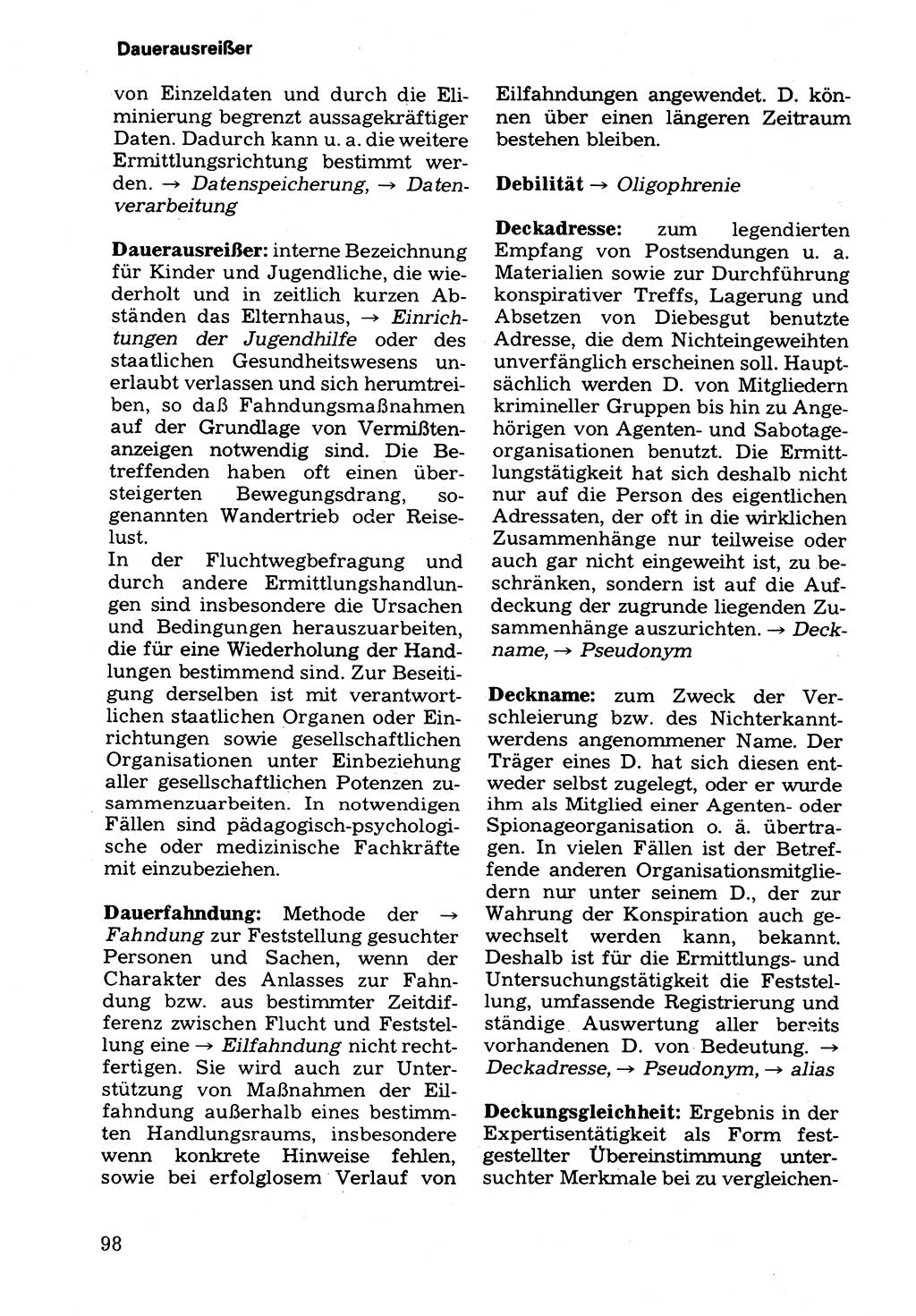 Wörterbuch der sozialistischen Kriminalistik [Deutsche Demokratische Republik (DDR)] 1981, Seite 98 (Wb. soz. Krim. DDR 1981, S. 98)