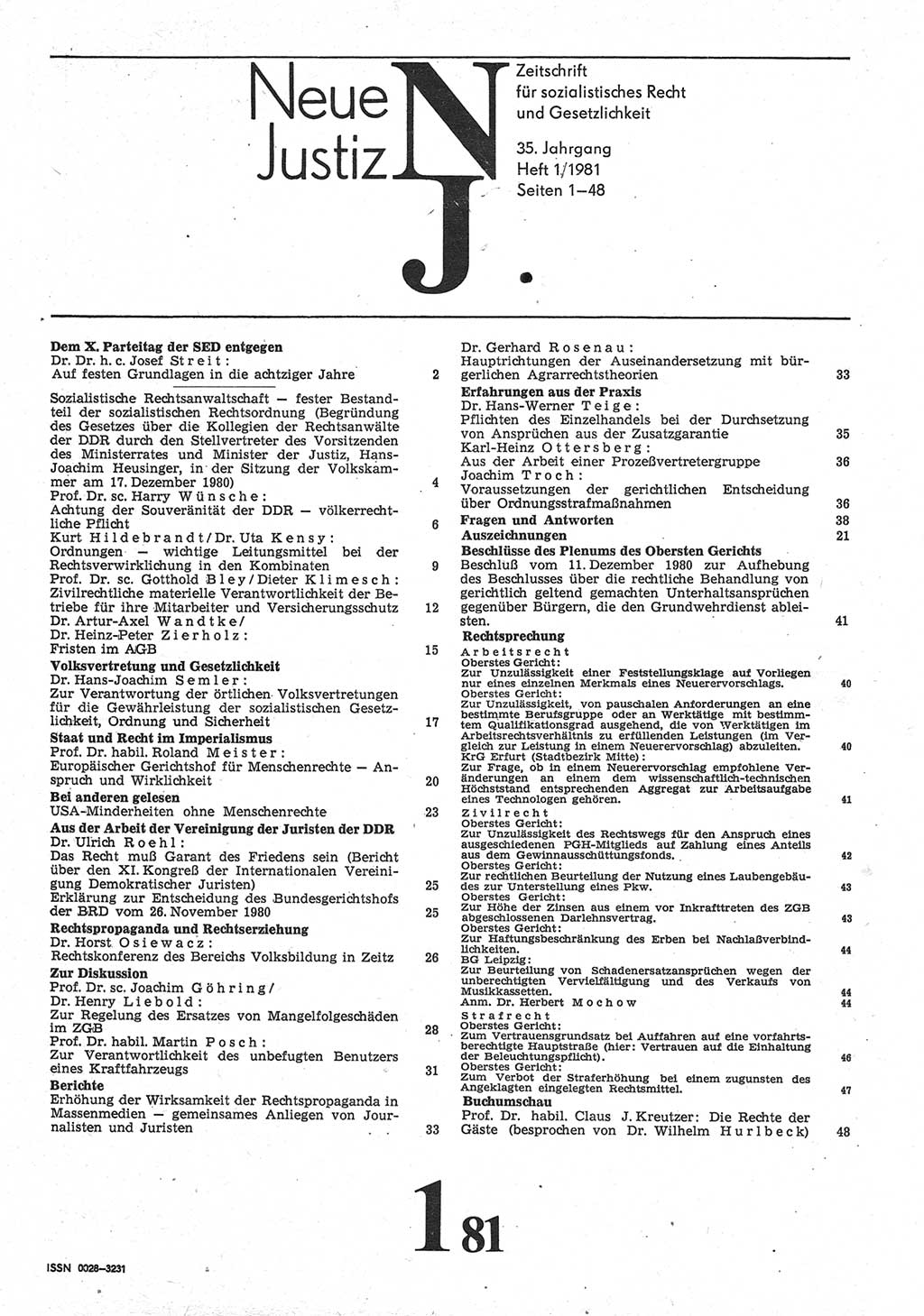 Neue Justiz (NJ), Zeitschrift für sozialistisches Recht und Gesetzlichkeit [Deutsche Demokratische Republik (DDR)], 35. Jahrgang 1981, Seite 1 (NJ DDR 1981, S. 1)