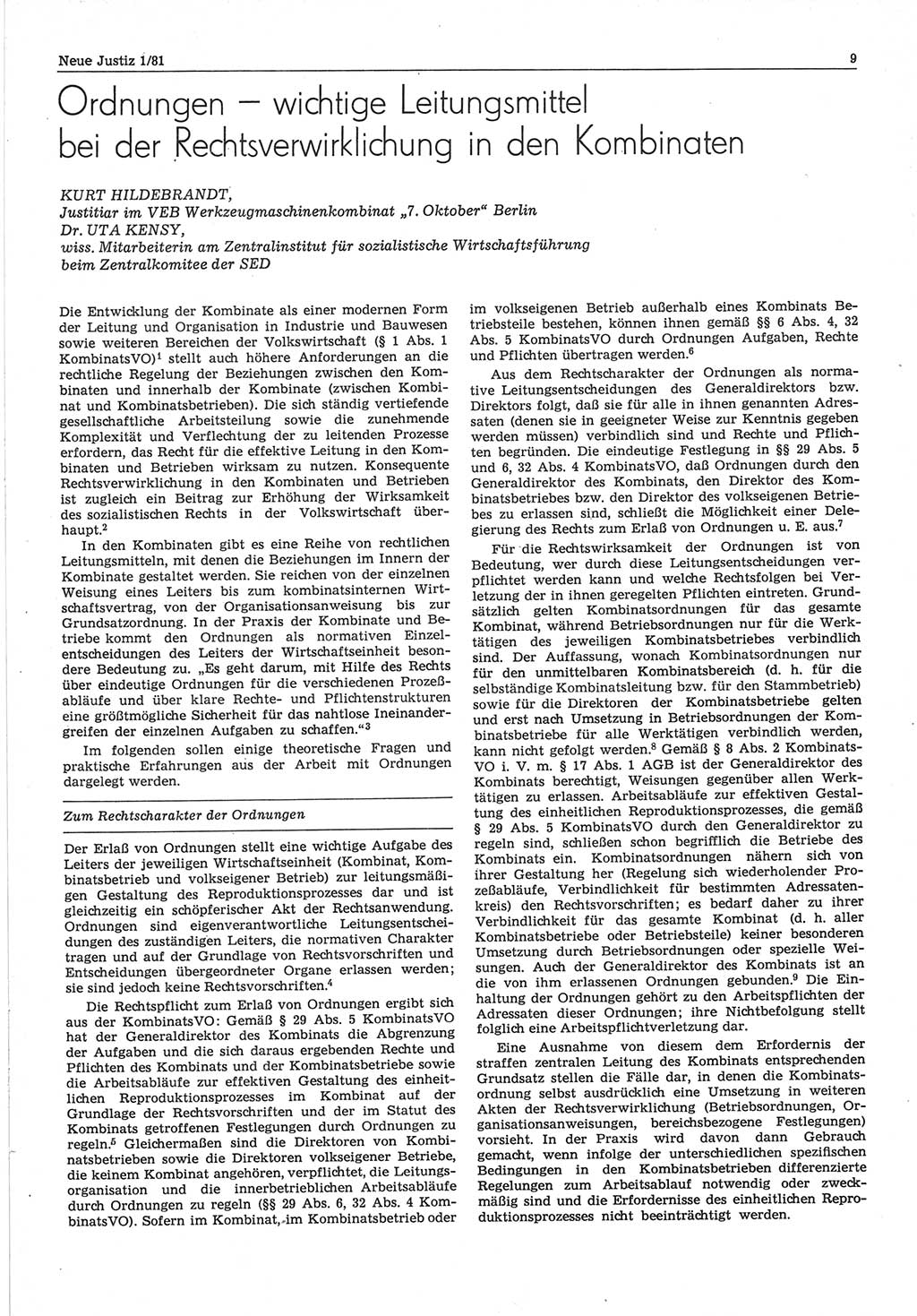Neue Justiz (NJ), Zeitschrift für sozialistisches Recht und Gesetzlichkeit [Deutsche Demokratische Republik (DDR)], 35. Jahrgang 1981, Seite 9 (NJ DDR 1981, S. 9)