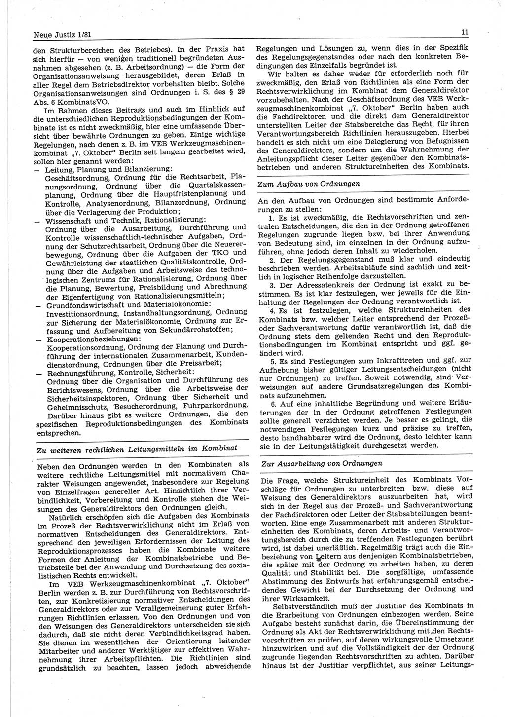 Neue Justiz (NJ), Zeitschrift für sozialistisches Recht und Gesetzlichkeit [Deutsche Demokratische Republik (DDR)], 35. Jahrgang 1981, Seite 11 (NJ DDR 1981, S. 11)