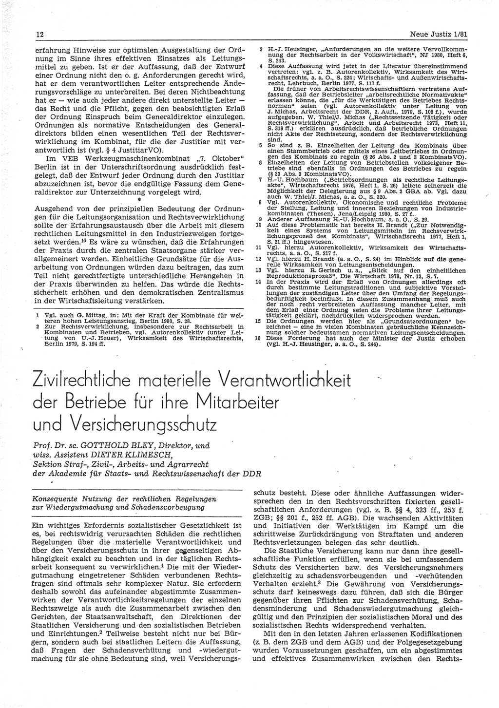 Neue Justiz (NJ), Zeitschrift für sozialistisches Recht und Gesetzlichkeit [Deutsche Demokratische Republik (DDR)], 35. Jahrgang 1981, Seite 12 (NJ DDR 1981, S. 12)
