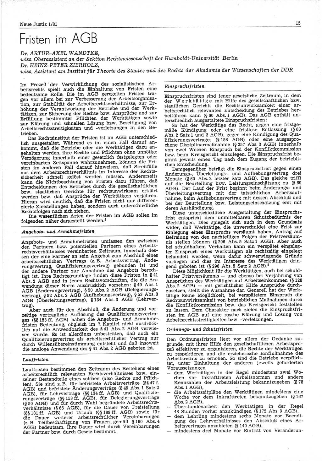 Neue Justiz (NJ), Zeitschrift für sozialistisches Recht und Gesetzlichkeit [Deutsche Demokratische Republik (DDR)], 35. Jahrgang 1981, Seite 15 (NJ DDR 1981, S. 15)