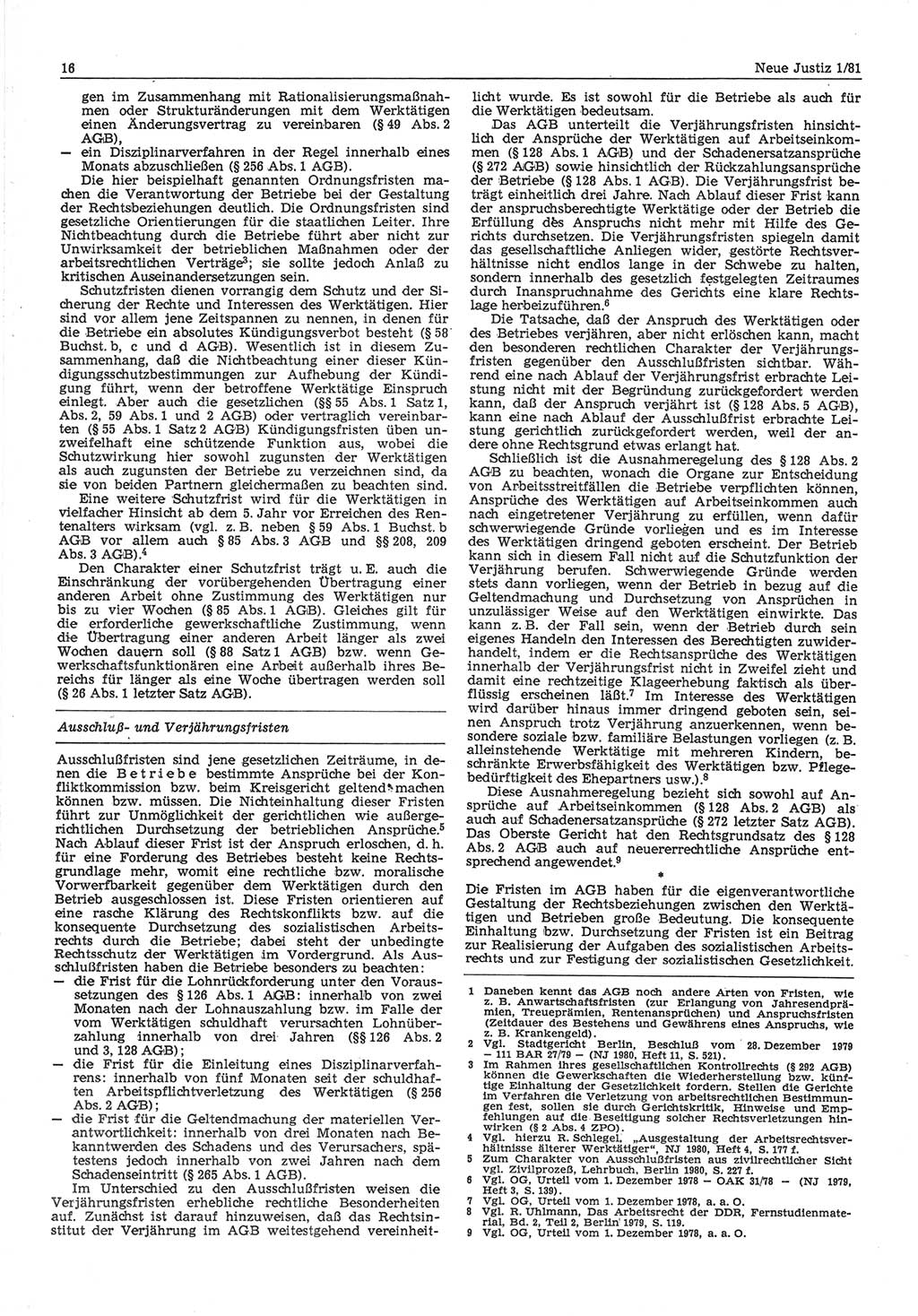 Neue Justiz (NJ), Zeitschrift für sozialistisches Recht und Gesetzlichkeit [Deutsche Demokratische Republik (DDR)], 35. Jahrgang 1981, Seite 16 (NJ DDR 1981, S. 16)