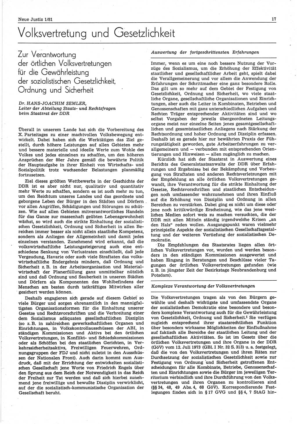 Neue Justiz (NJ), Zeitschrift für sozialistisches Recht und Gesetzlichkeit [Deutsche Demokratische Republik (DDR)], 35. Jahrgang 1981, Seite 17 (NJ DDR 1981, S. 17)