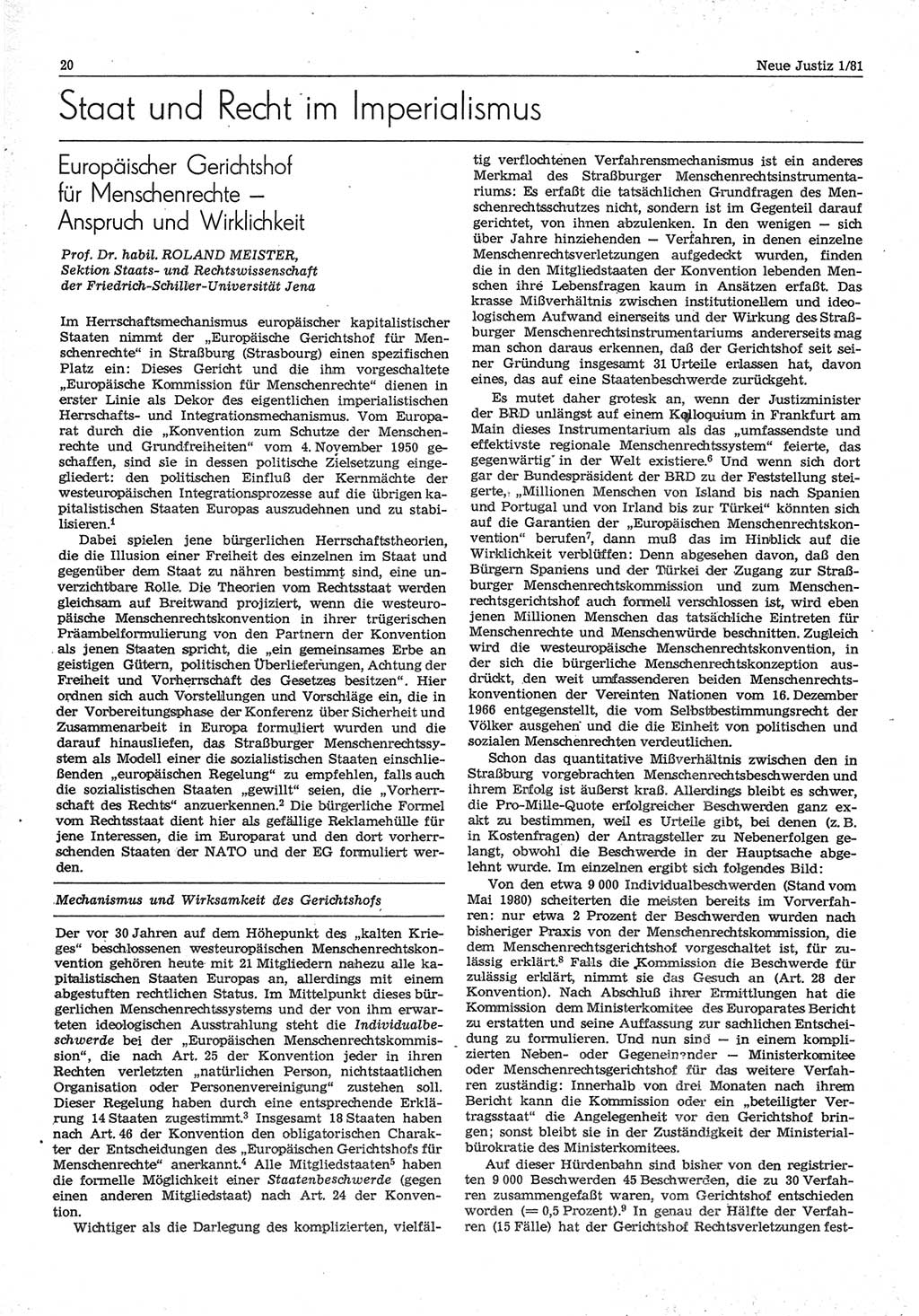 Neue Justiz (NJ), Zeitschrift für sozialistisches Recht und Gesetzlichkeit [Deutsche Demokratische Republik (DDR)], 35. Jahrgang 1981, Seite 20 (NJ DDR 1981, S. 20)