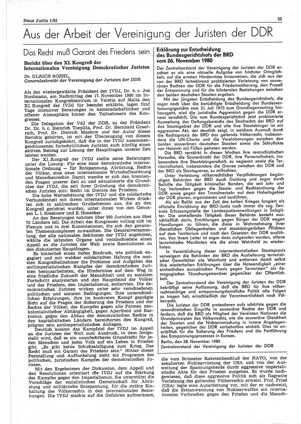Neue Justiz (NJ), Zeitschrift für sozialistisches Recht und Gesetzlichkeit [Deutsche Demokratische Republik (DDR)], 35. Jahrgang 1981, Seite 25 (NJ DDR 1981, S. 25)