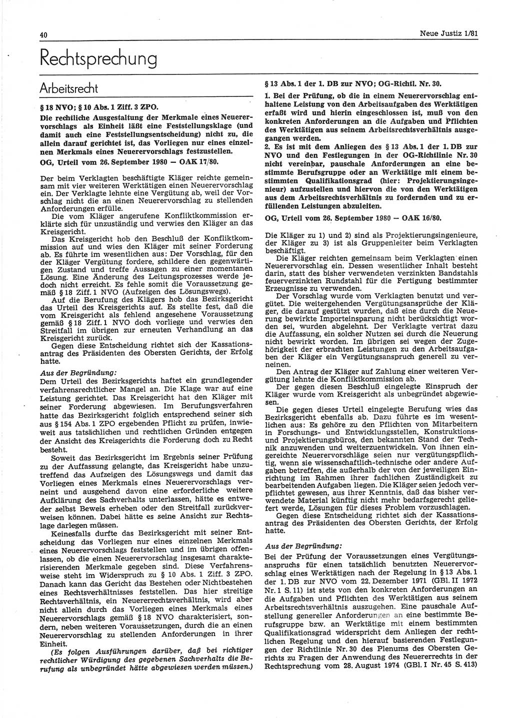 Neue Justiz (NJ), Zeitschrift für sozialistisches Recht und Gesetzlichkeit [Deutsche Demokratische Republik (DDR)], 35. Jahrgang 1981, Seite 40 (NJ DDR 1981, S. 40)