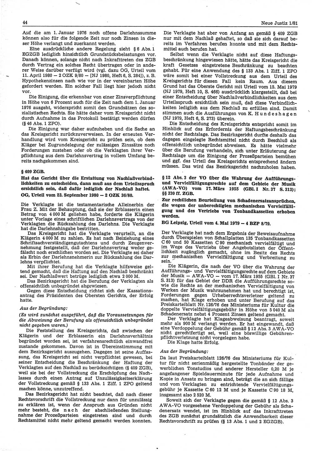 Neue Justiz (NJ), Zeitschrift für sozialistisches Recht und Gesetzlichkeit [Deutsche Demokratische Republik (DDR)], 35. Jahrgang 1981, Seite 44 (NJ DDR 1981, S. 44)