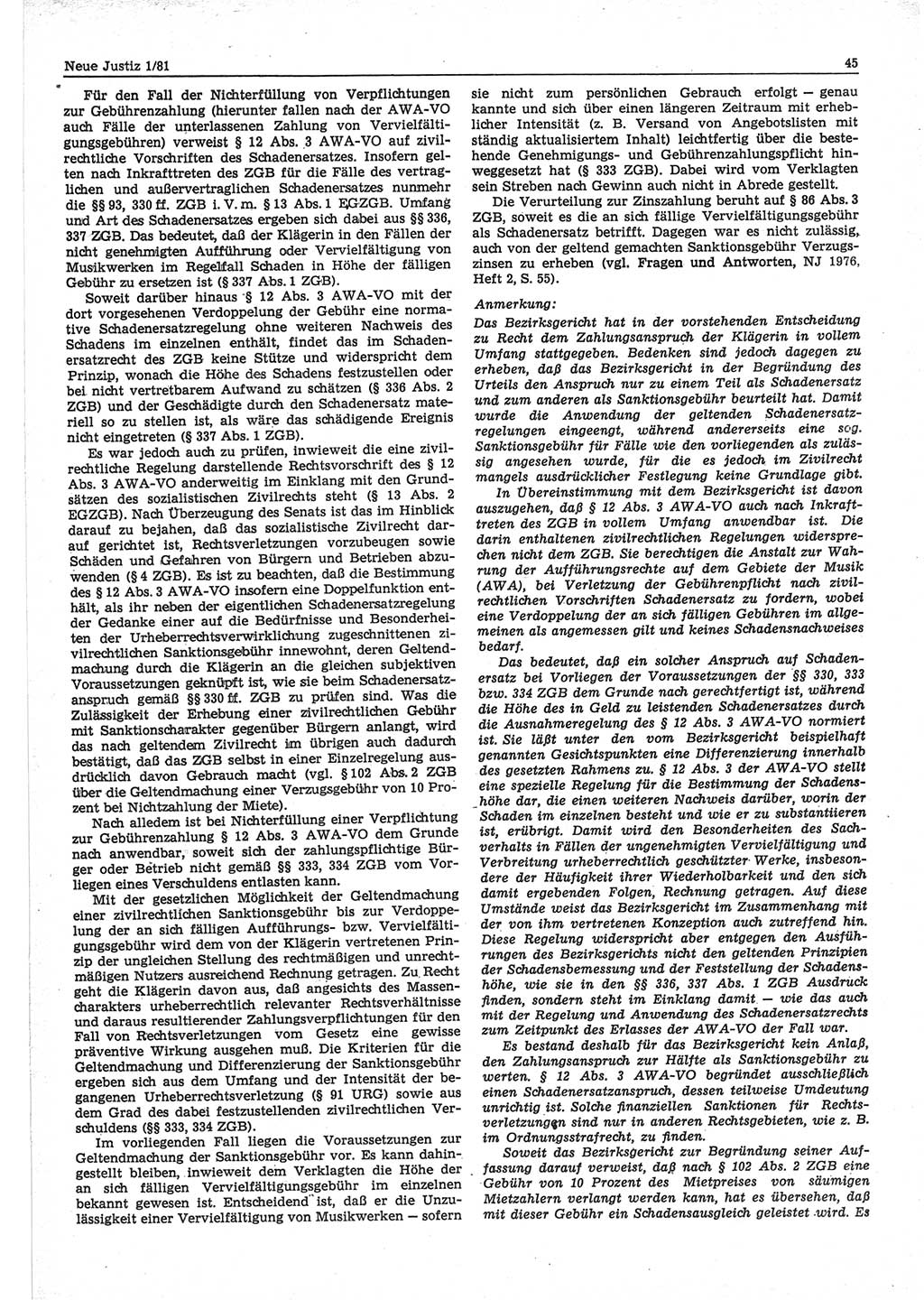Neue Justiz (NJ), Zeitschrift für sozialistisches Recht und Gesetzlichkeit [Deutsche Demokratische Republik (DDR)], 35. Jahrgang 1981, Seite 45 (NJ DDR 1981, S. 45)
