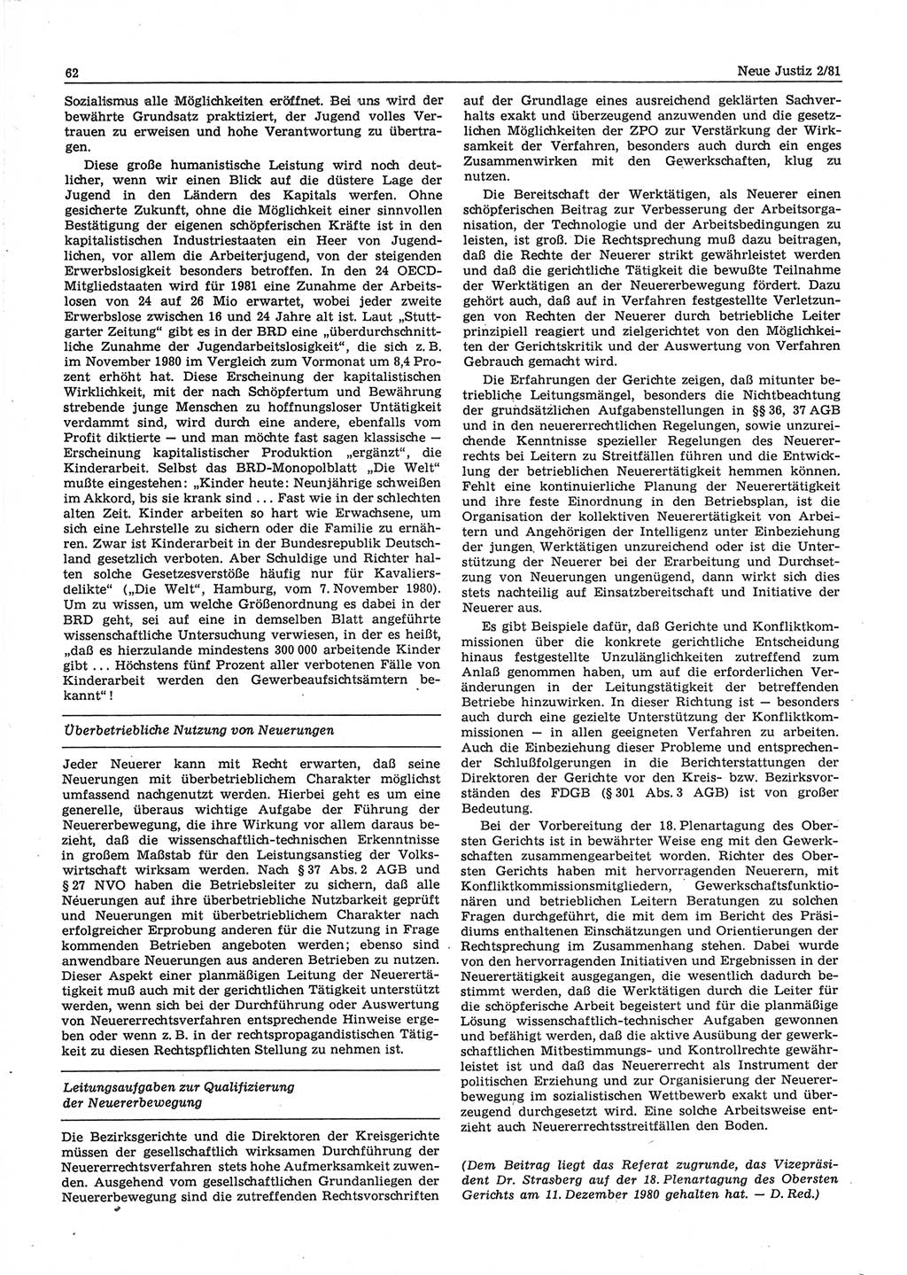 Neue Justiz (NJ), Zeitschrift für sozialistisches Recht und Gesetzlichkeit [Deutsche Demokratische Republik (DDR)], 35. Jahrgang 1981, Seite 62 (NJ DDR 1981, S. 62)