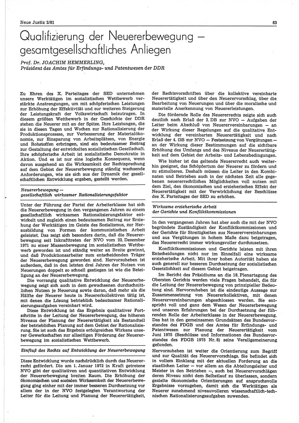 Neue Justiz (NJ), Zeitschrift für sozialistisches Recht und Gesetzlichkeit [Deutsche Demokratische Republik (DDR)], 35. Jahrgang 1981, Seite 63 (NJ DDR 1981, S. 63)