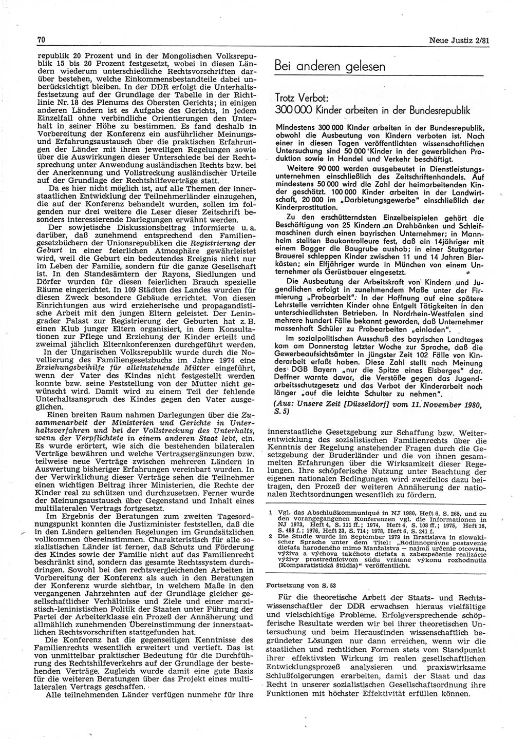 Neue Justiz (NJ), Zeitschrift für sozialistisches Recht und Gesetzlichkeit [Deutsche Demokratische Republik (DDR)], 35. Jahrgang 1981, Seite 70 (NJ DDR 1981, S. 70)