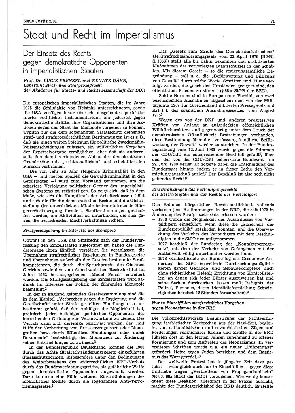 Neue Justiz (NJ), Zeitschrift für sozialistisches Recht und Gesetzlichkeit [Deutsche Demokratische Republik (DDR)], 35. Jahrgang 1981, Seite 71 (NJ DDR 1981, S. 71)