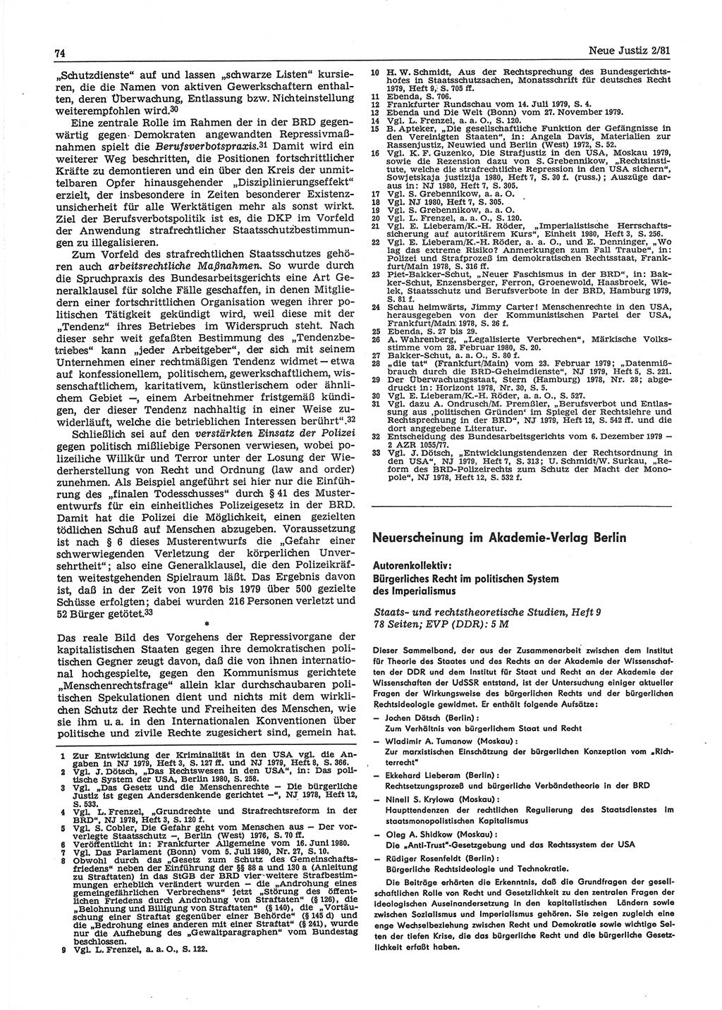 Neue Justiz (NJ), Zeitschrift für sozialistisches Recht und Gesetzlichkeit [Deutsche Demokratische Republik (DDR)], 35. Jahrgang 1981, Seite 74 (NJ DDR 1981, S. 74)
