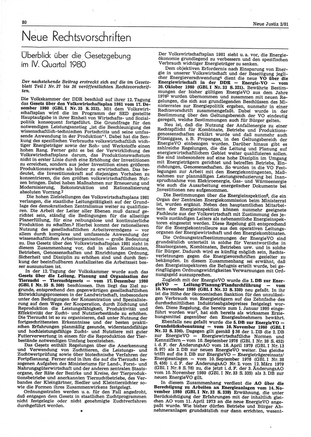 Neue Justiz (NJ), Zeitschrift für sozialistisches Recht und Gesetzlichkeit [Deutsche Demokratische Republik (DDR)], 35. Jahrgang 1981, Seite 80 (NJ DDR 1981, S. 80)