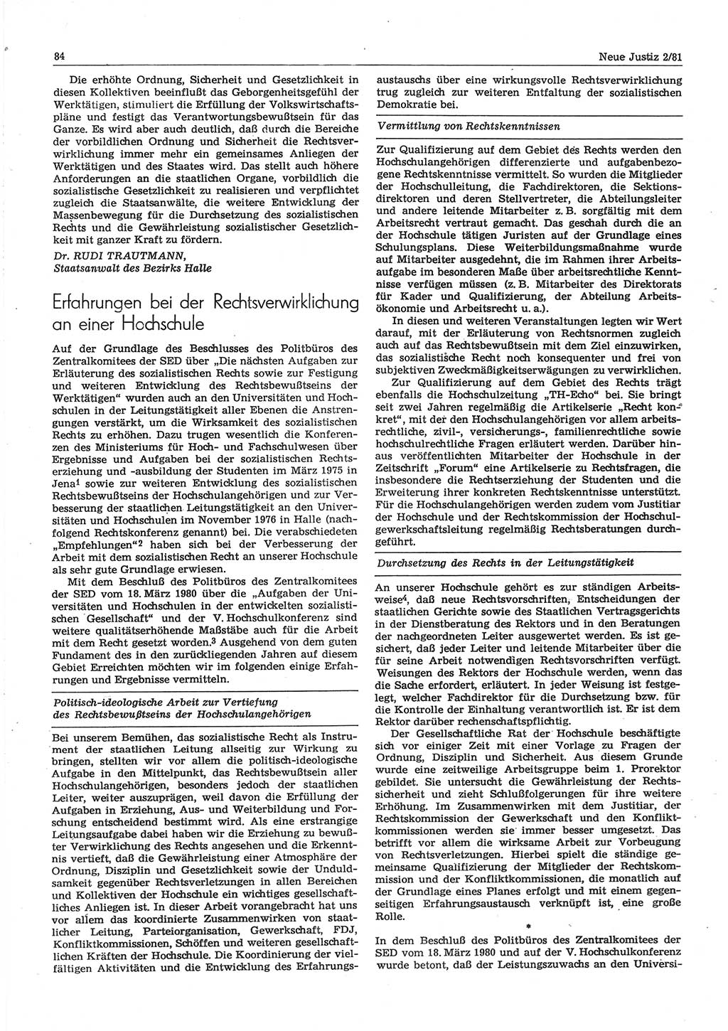 Neue Justiz (NJ), Zeitschrift für sozialistisches Recht und Gesetzlichkeit [Deutsche Demokratische Republik (DDR)], 35. Jahrgang 1981, Seite 84 (NJ DDR 1981, S. 84)