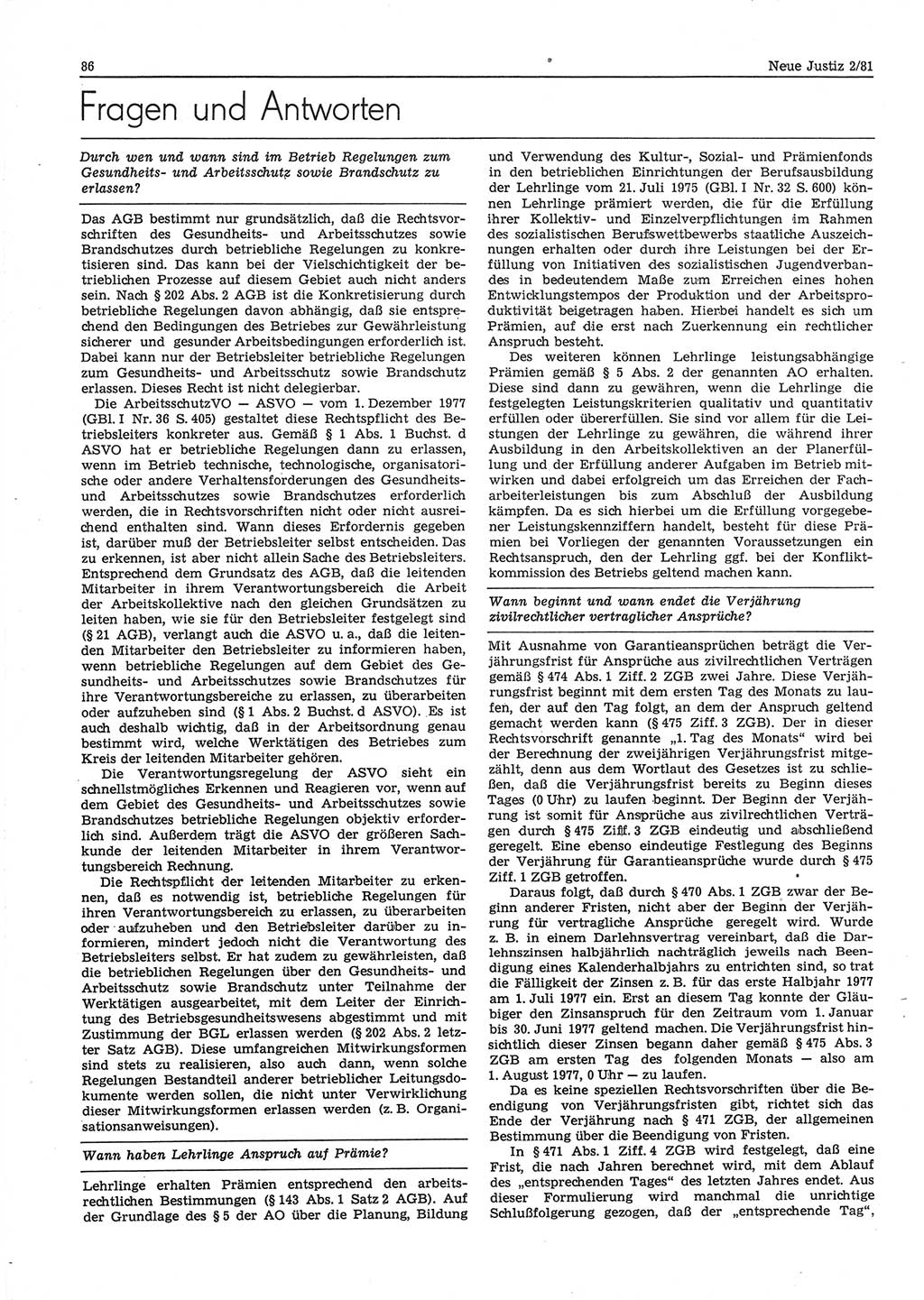Neue Justiz (NJ), Zeitschrift für sozialistisches Recht und Gesetzlichkeit [Deutsche Demokratische Republik (DDR)], 35. Jahrgang 1981, Seite 86 (NJ DDR 1981, S. 86)