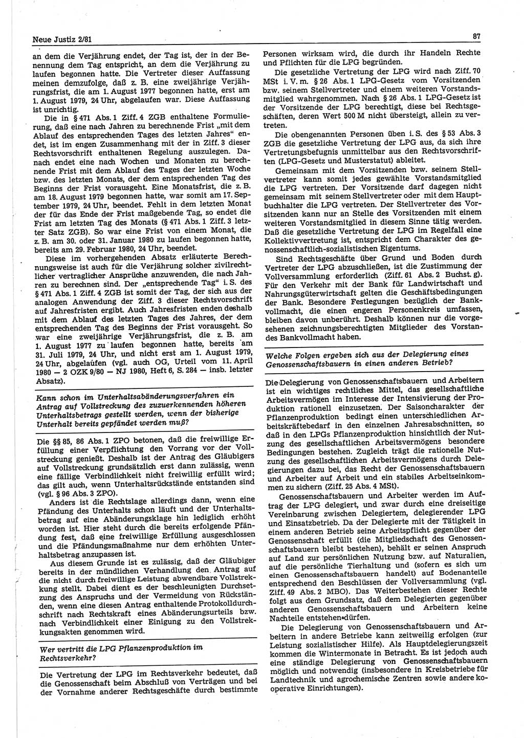 Neue Justiz (NJ), Zeitschrift für sozialistisches Recht und Gesetzlichkeit [Deutsche Demokratische Republik (DDR)], 35. Jahrgang 1981, Seite 87 (NJ DDR 1981, S. 87)