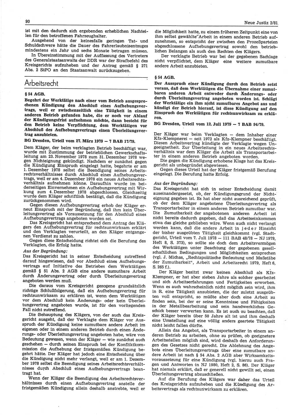 Neue Justiz (NJ), Zeitschrift für sozialistisches Recht und Gesetzlichkeit [Deutsche Demokratische Republik (DDR)], 35. Jahrgang 1981, Seite 90 (NJ DDR 1981, S. 90)