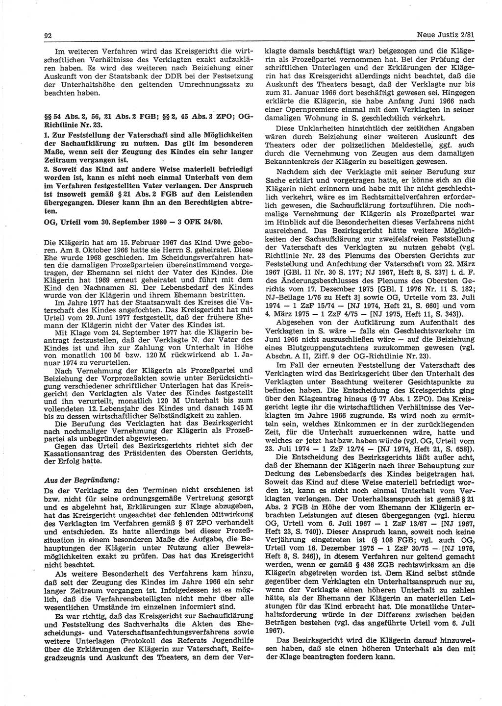 Neue Justiz (NJ), Zeitschrift für sozialistisches Recht und Gesetzlichkeit [Deutsche Demokratische Republik (DDR)], 35. Jahrgang 1981, Seite 92 (NJ DDR 1981, S. 92)
