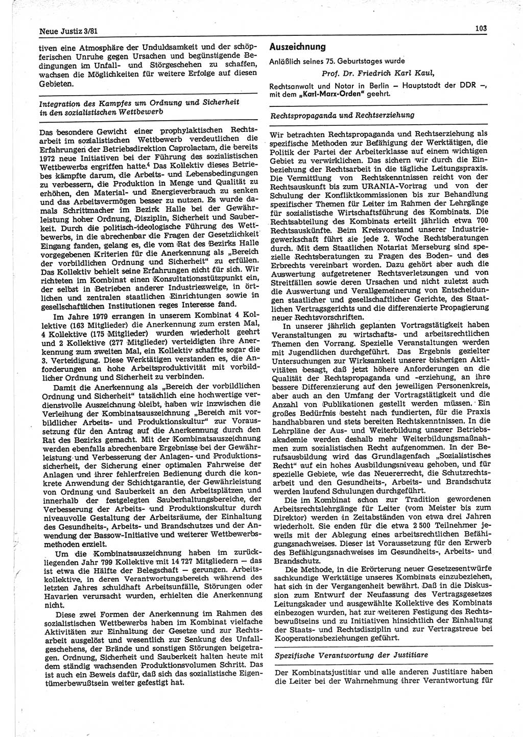 Neue Justiz (NJ), Zeitschrift für sozialistisches Recht und Gesetzlichkeit [Deutsche Demokratische Republik (DDR)], 35. Jahrgang 1981, Seite 103 (NJ DDR 1981, S. 103)