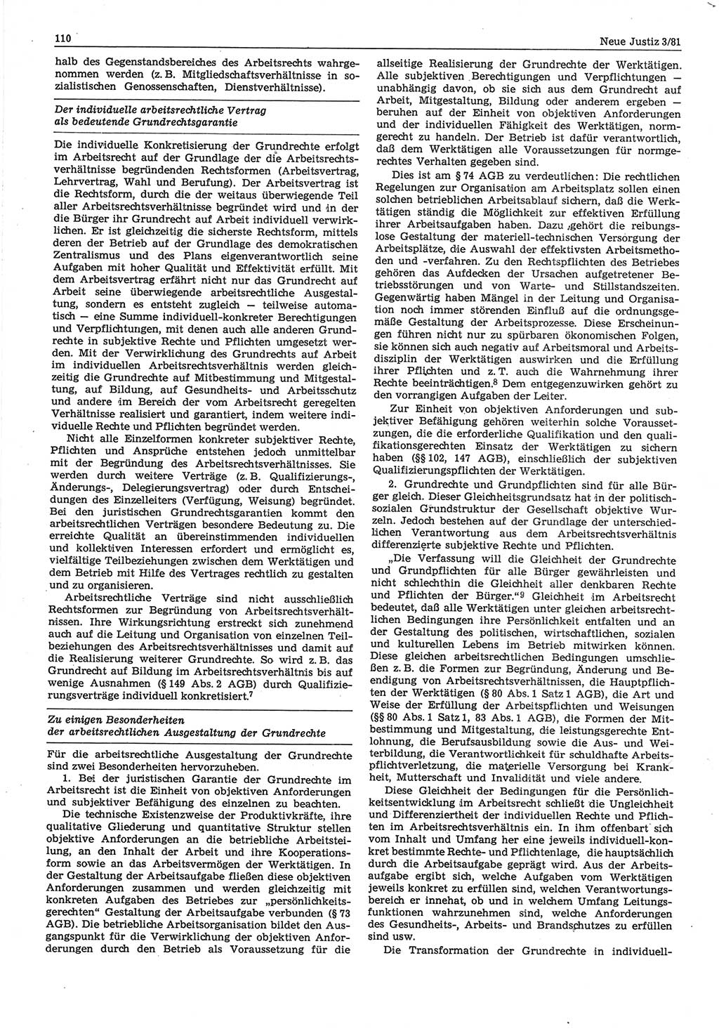 Neue Justiz (NJ), Zeitschrift für sozialistisches Recht und Gesetzlichkeit [Deutsche Demokratische Republik (DDR)], 35. Jahrgang 1981, Seite 110 (NJ DDR 1981, S. 110)