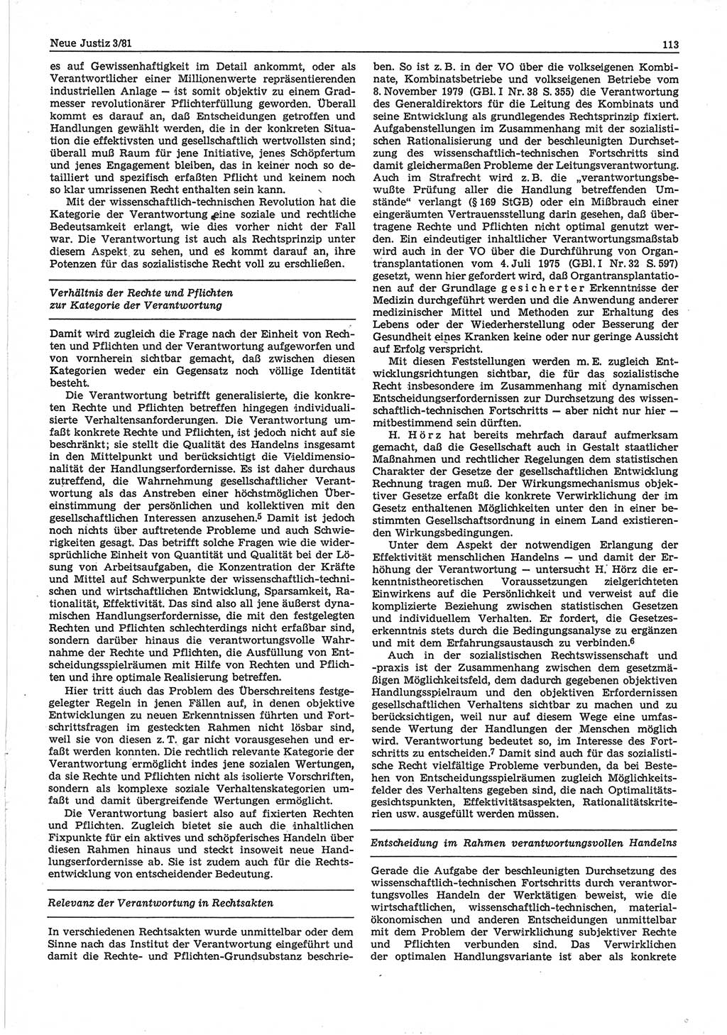 Neue Justiz (NJ), Zeitschrift für sozialistisches Recht und Gesetzlichkeit [Deutsche Demokratische Republik (DDR)], 35. Jahrgang 1981, Seite 113 (NJ DDR 1981, S. 113)