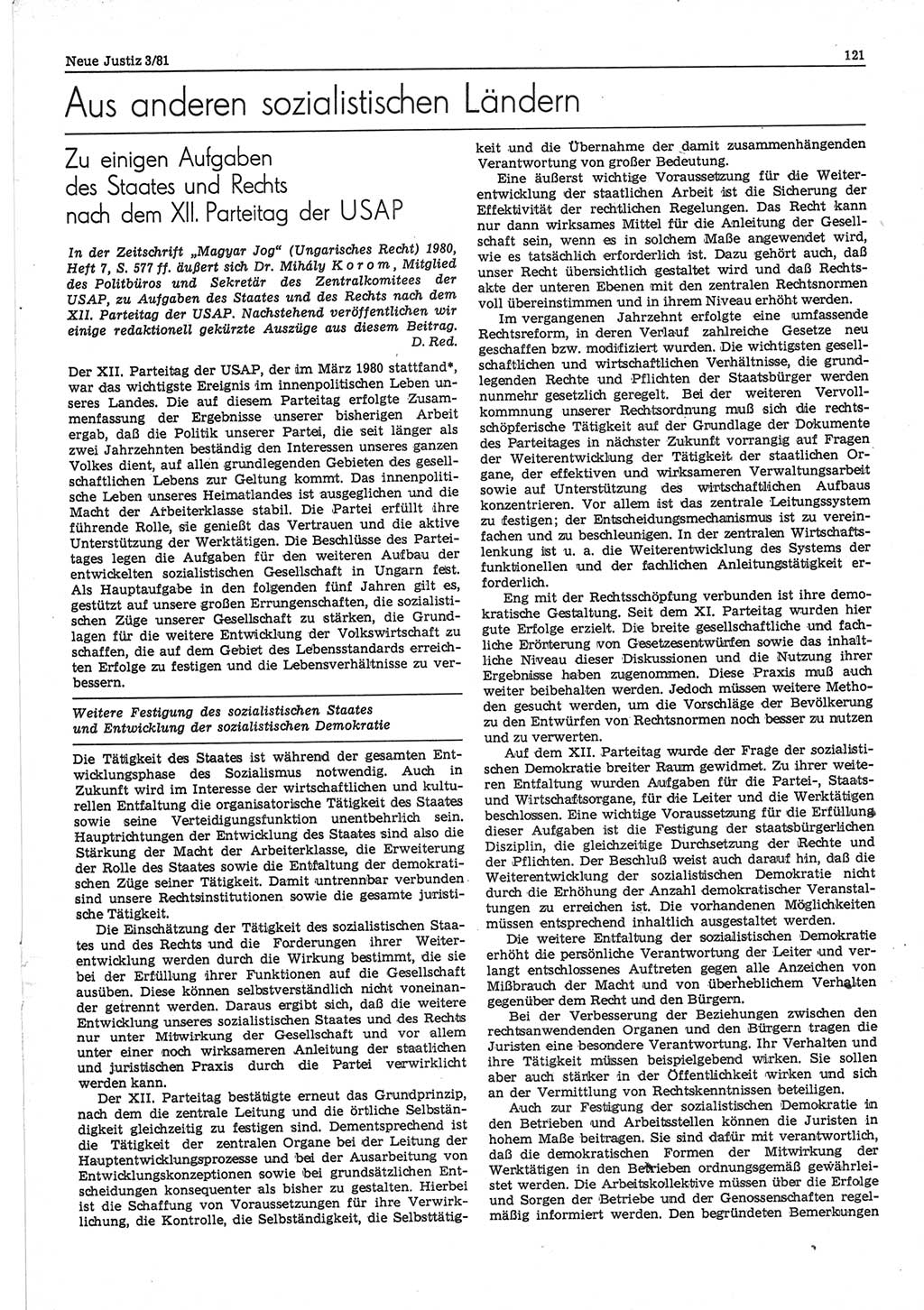 Neue Justiz (NJ), Zeitschrift für sozialistisches Recht und Gesetzlichkeit [Deutsche Demokratische Republik (DDR)], 35. Jahrgang 1981, Seite 121 (NJ DDR 1981, S. 121)