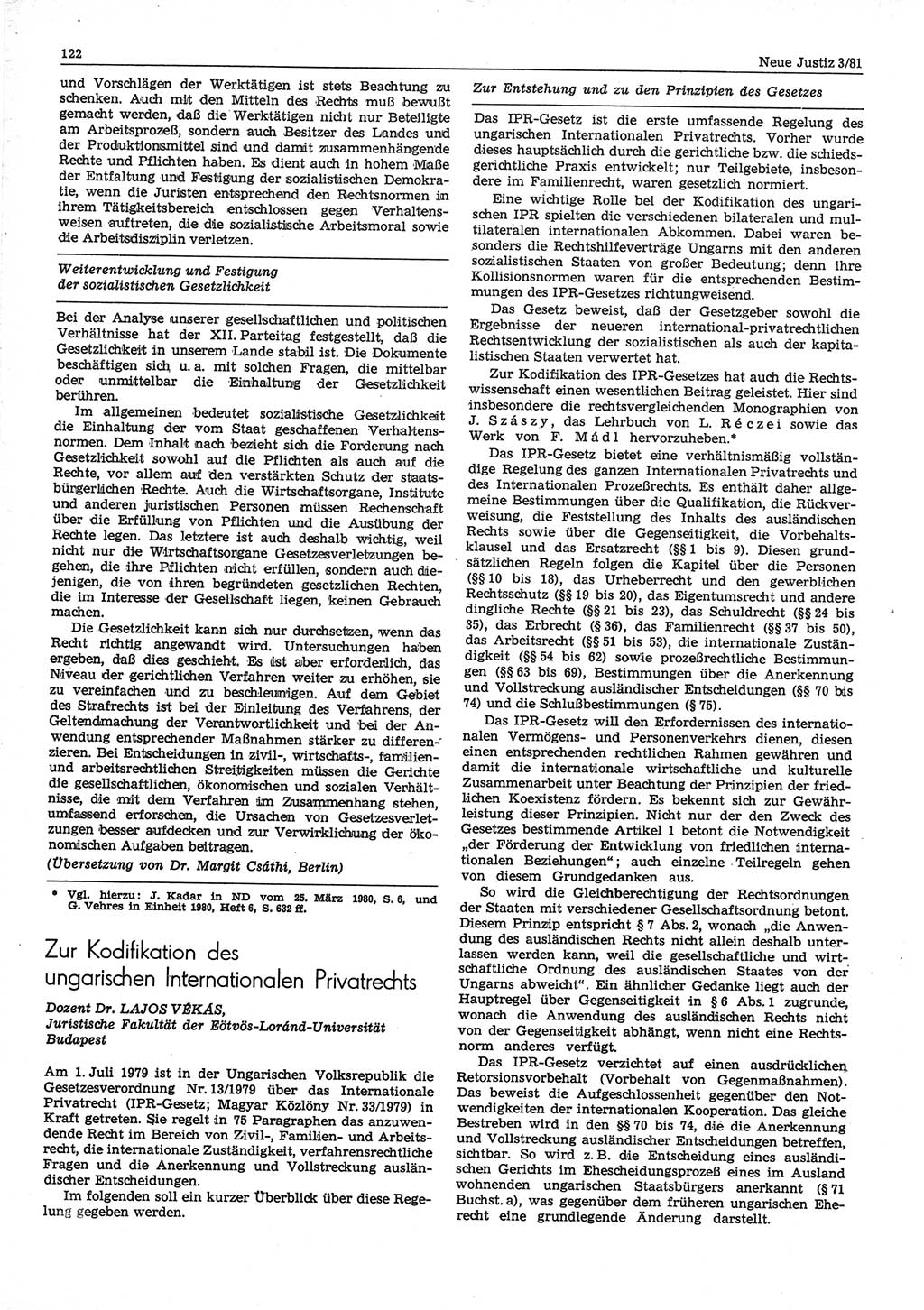 Neue Justiz (NJ), Zeitschrift für sozialistisches Recht und Gesetzlichkeit [Deutsche Demokratische Republik (DDR)], 35. Jahrgang 1981, Seite 122 (NJ DDR 1981, S. 122)