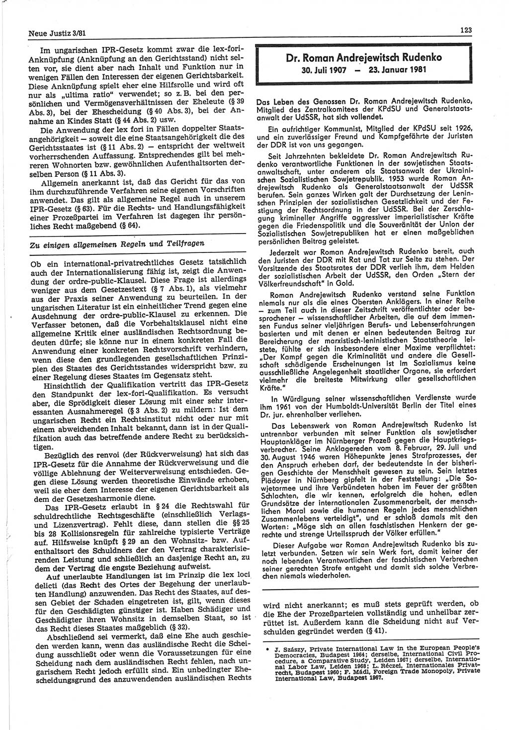 Neue Justiz (NJ), Zeitschrift für sozialistisches Recht und Gesetzlichkeit [Deutsche Demokratische Republik (DDR)], 35. Jahrgang 1981, Seite 123 (NJ DDR 1981, S. 123)