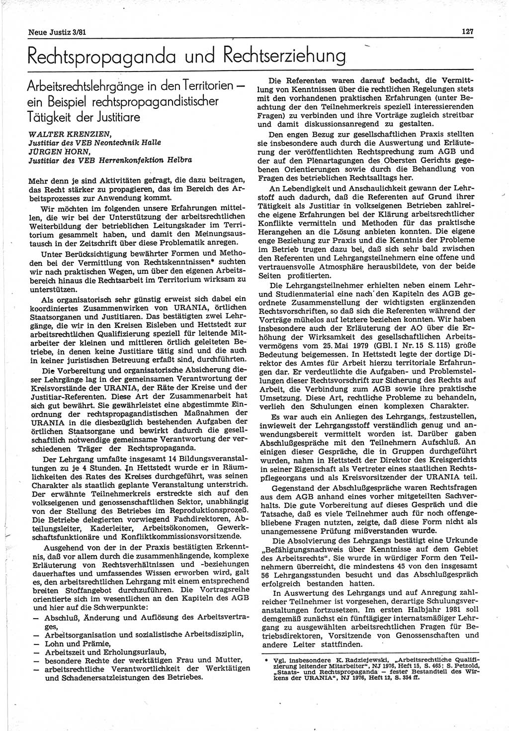 Neue Justiz (NJ), Zeitschrift für sozialistisches Recht und Gesetzlichkeit [Deutsche Demokratische Republik (DDR)], 35. Jahrgang 1981, Seite 127 (NJ DDR 1981, S. 127)
