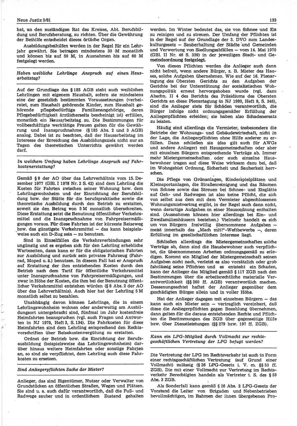 Neue Justiz (NJ), Zeitschrift für sozialistisches Recht und Gesetzlichkeit [Deutsche Demokratische Republik (DDR)], 35. Jahrgang 1981, Seite 133 (NJ DDR 1981, S. 133)