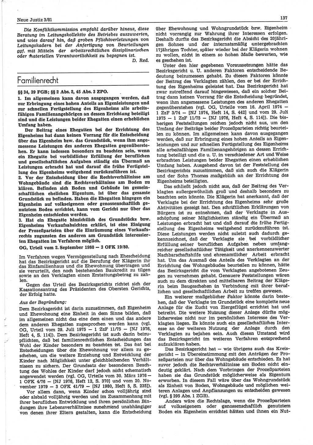 Neue Justiz (NJ), Zeitschrift für sozialistisches Recht und Gesetzlichkeit [Deutsche Demokratische Republik (DDR)], 35. Jahrgang 1981, Seite 137 (NJ DDR 1981, S. 137)