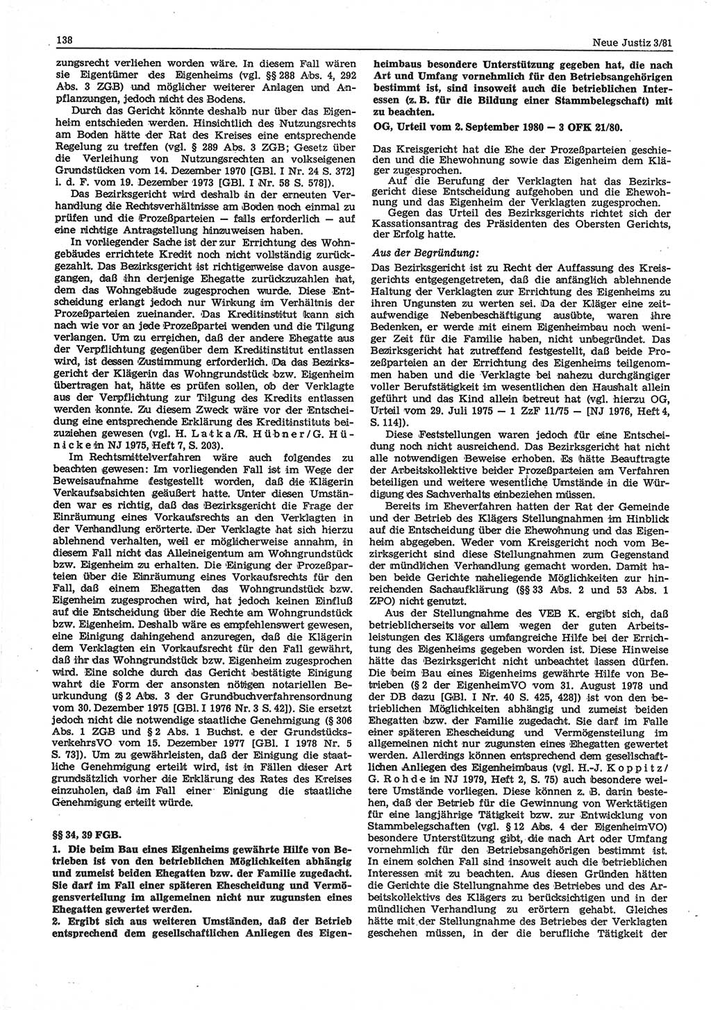 Neue Justiz (NJ), Zeitschrift für sozialistisches Recht und Gesetzlichkeit [Deutsche Demokratische Republik (DDR)], 35. Jahrgang 1981, Seite 138 (NJ DDR 1981, S. 138)