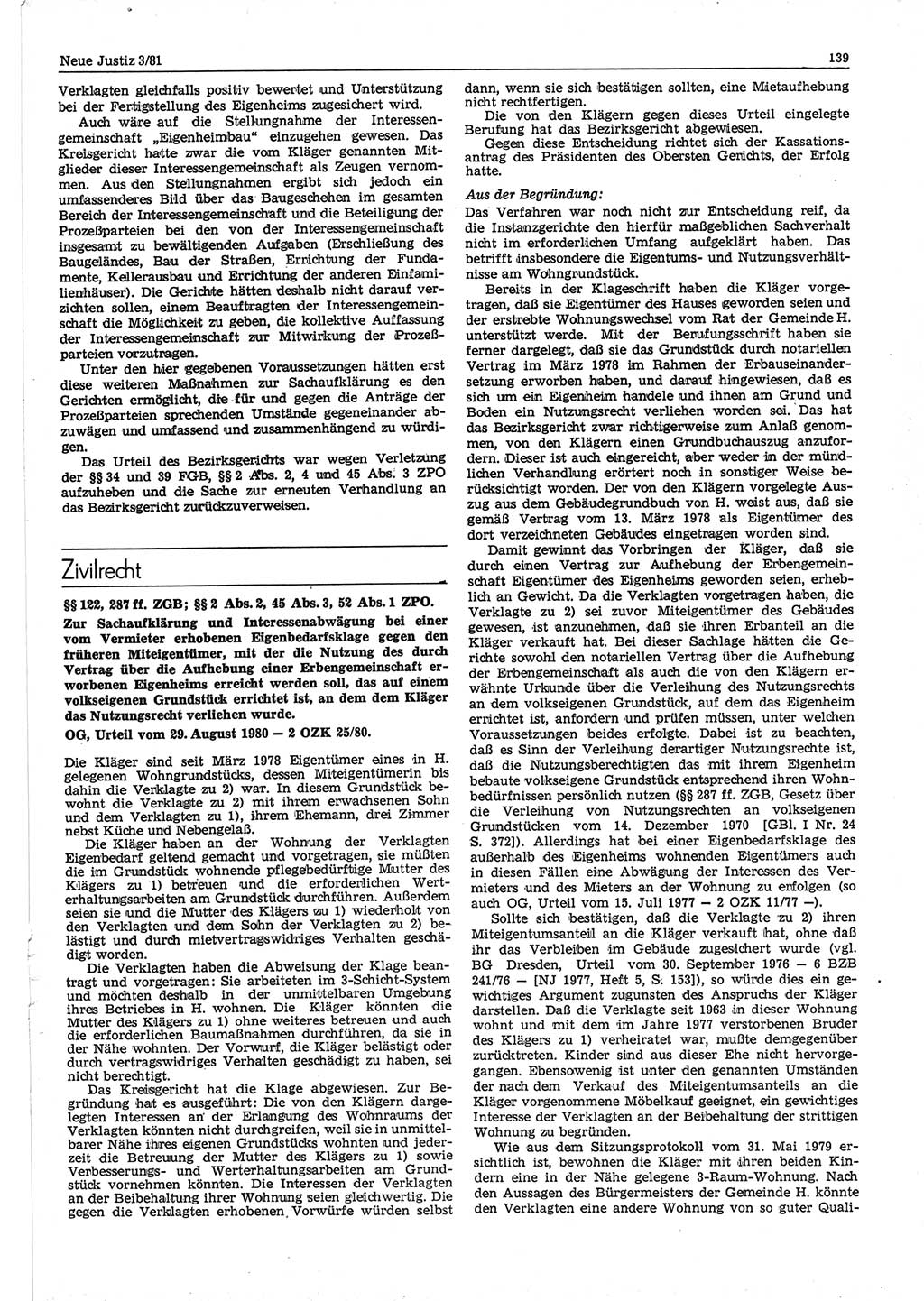 Neue Justiz (NJ), Zeitschrift für sozialistisches Recht und Gesetzlichkeit [Deutsche Demokratische Republik (DDR)], 35. Jahrgang 1981, Seite 139 (NJ DDR 1981, S. 139)