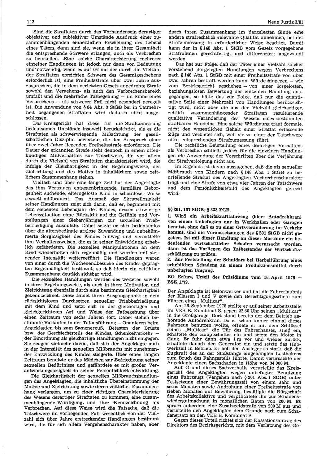Neue Justiz (NJ), Zeitschrift für sozialistisches Recht und Gesetzlichkeit [Deutsche Demokratische Republik (DDR)], 35. Jahrgang 1981, Seite 142 (NJ DDR 1981, S. 142)