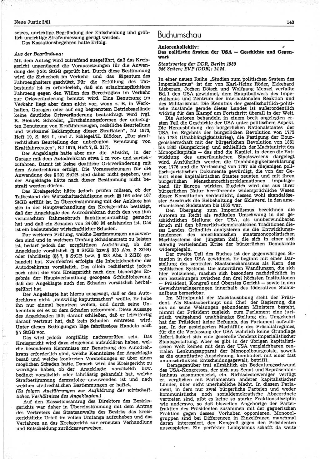 Neue Justiz (NJ), Zeitschrift für sozialistisches Recht und Gesetzlichkeit [Deutsche Demokratische Republik (DDR)], 35. Jahrgang 1981, Seite 143 (NJ DDR 1981, S. 143)
