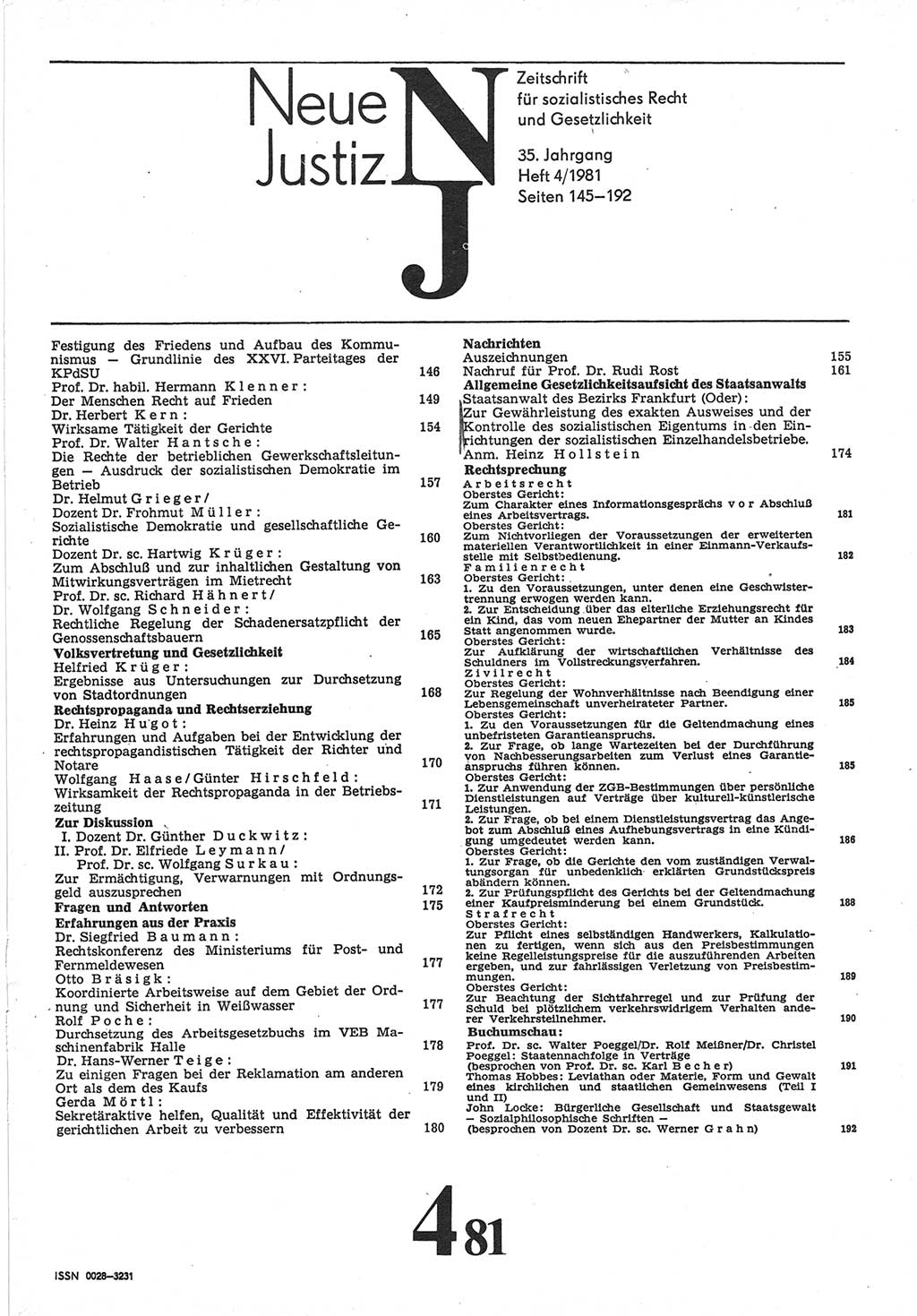 Neue Justiz (NJ), Zeitschrift für sozialistisches Recht und Gesetzlichkeit [Deutsche Demokratische Republik (DDR)], 35. Jahrgang 1981, Seite 145 (NJ DDR 1981, S. 145)