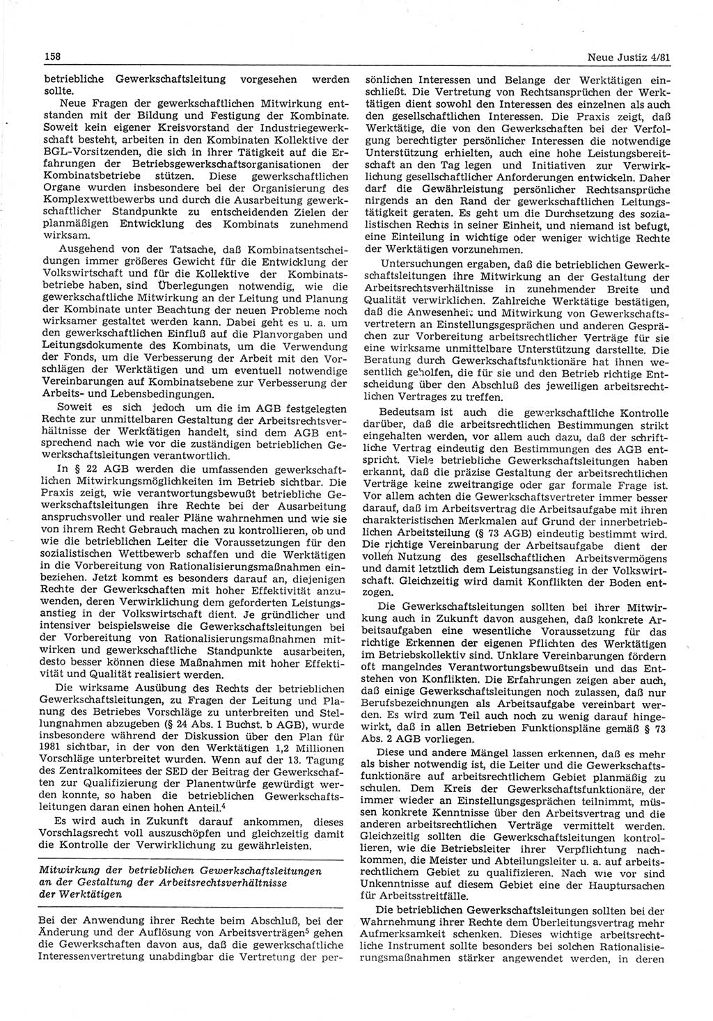 Neue Justiz (NJ), Zeitschrift für sozialistisches Recht und Gesetzlichkeit [Deutsche Demokratische Republik (DDR)], 35. Jahrgang 1981, Seite 158 (NJ DDR 1981, S. 158)