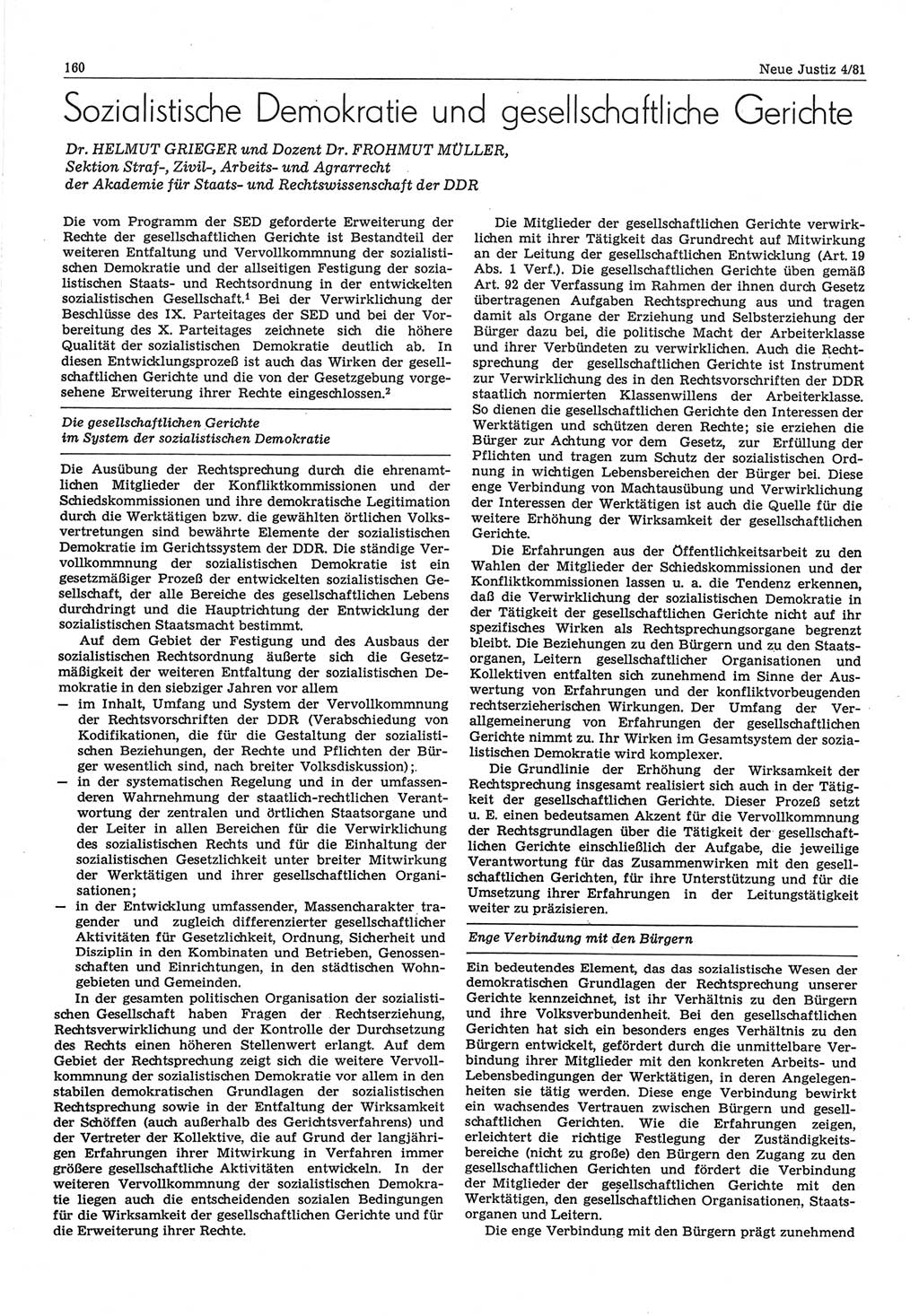 Neue Justiz (NJ), Zeitschrift für sozialistisches Recht und Gesetzlichkeit [Deutsche Demokratische Republik (DDR)], 35. Jahrgang 1981, Seite 160 (NJ DDR 1981, S. 160)