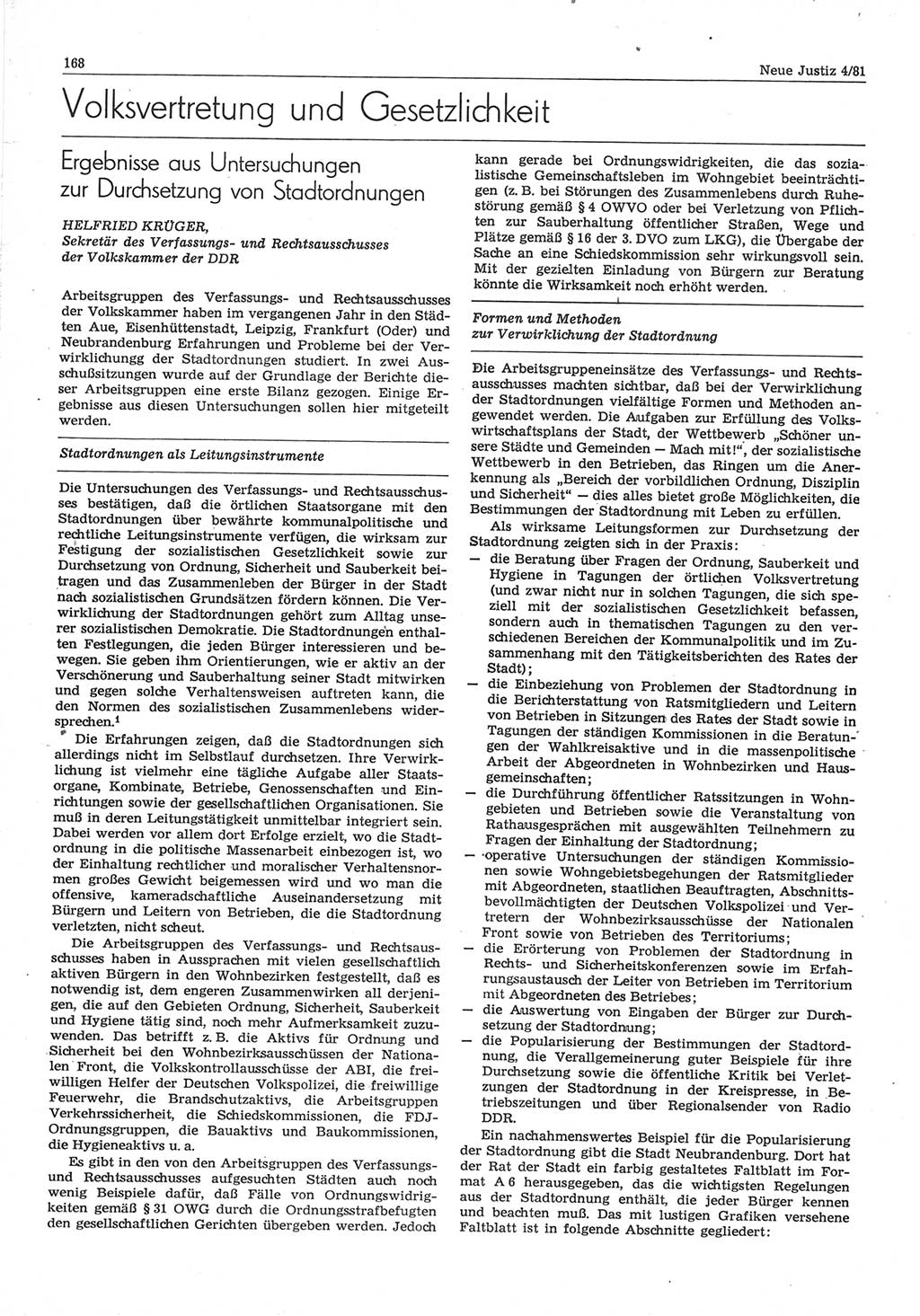 Neue Justiz (NJ), Zeitschrift für sozialistisches Recht und Gesetzlichkeit [Deutsche Demokratische Republik (DDR)], 35. Jahrgang 1981, Seite 168 (NJ DDR 1981, S. 168)