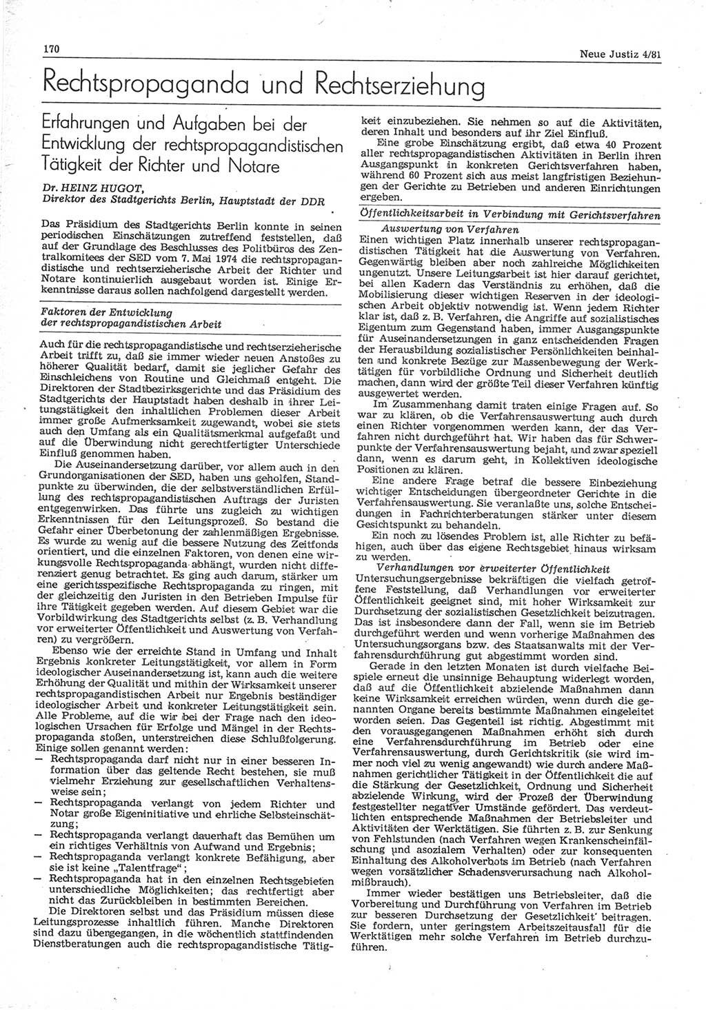 Neue Justiz (NJ), Zeitschrift für sozialistisches Recht und Gesetzlichkeit [Deutsche Demokratische Republik (DDR)], 35. Jahrgang 1981, Seite 170 (NJ DDR 1981, S. 170)