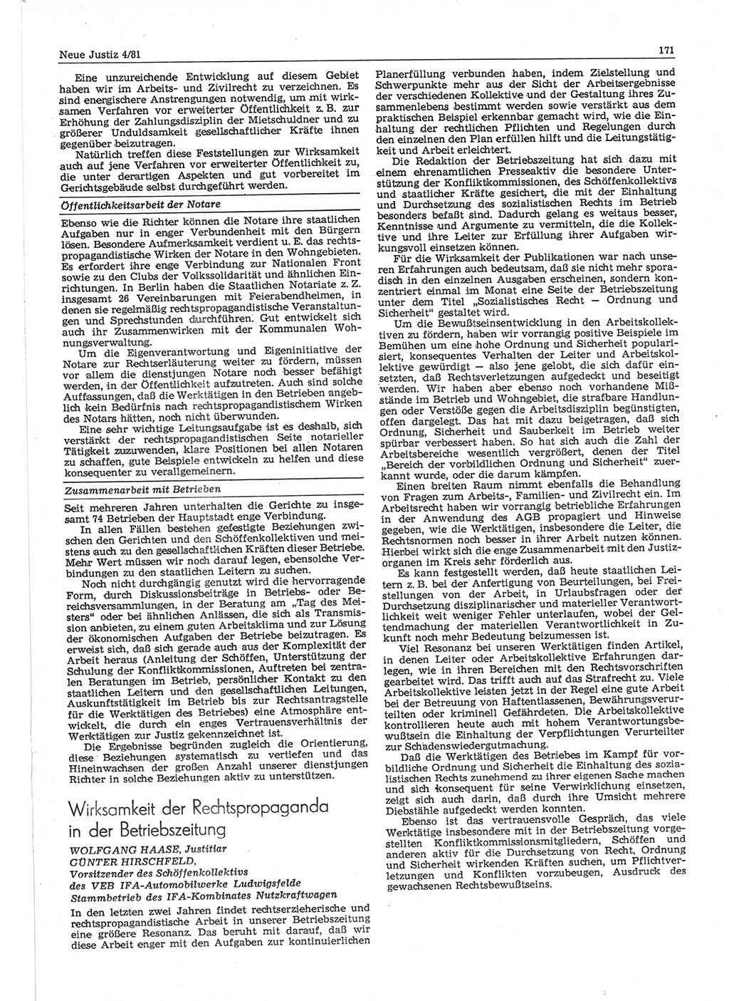 Neue Justiz (NJ), Zeitschrift für sozialistisches Recht und Gesetzlichkeit [Deutsche Demokratische Republik (DDR)], 35. Jahrgang 1981, Seite 171 (NJ DDR 1981, S. 171)