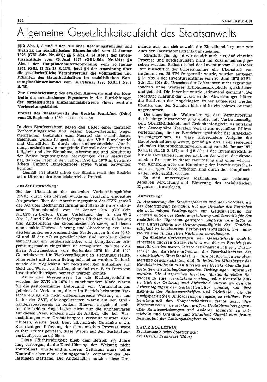 Neue Justiz (NJ), Zeitschrift für sozialistisches Recht und Gesetzlichkeit [Deutsche Demokratische Republik (DDR)], 35. Jahrgang 1981, Seite 174 (NJ DDR 1981, S. 174)